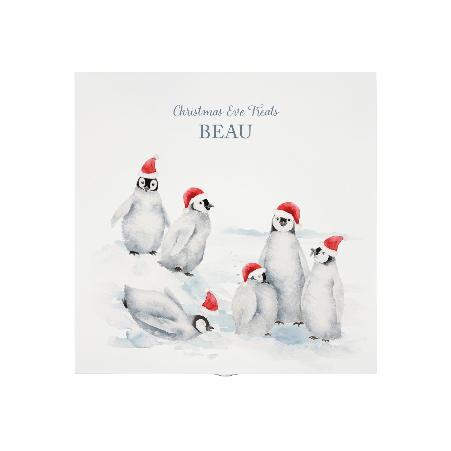 White Wooden Christmas Eve box, perfect for Christmas sweets and treats. A great Keepsake box with penguins and Santa's hats ready to enjoy the Christmas festivities. 