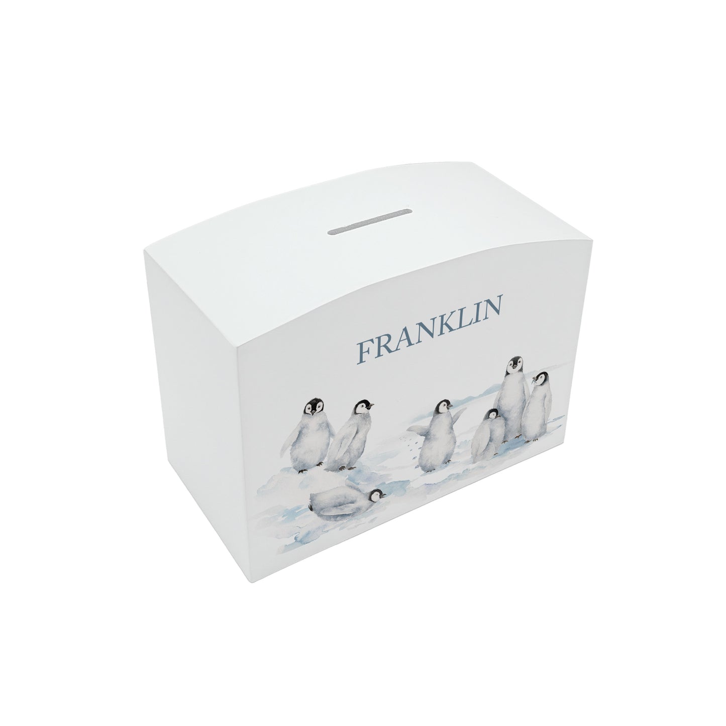 Penguin Design money box, penguins slipping and sliding having fun in the snow. The perfect new baby, birthday and christening gift.  