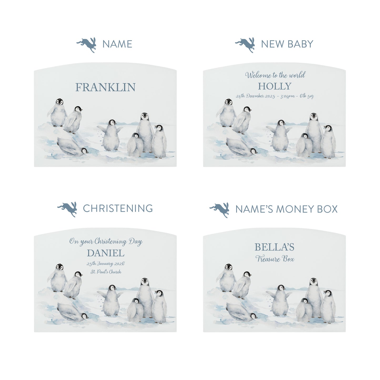 Penguin Design money box, penguins slipping and sliding having fun in the snow. The perfect new baby, birthday and christening gift.  
