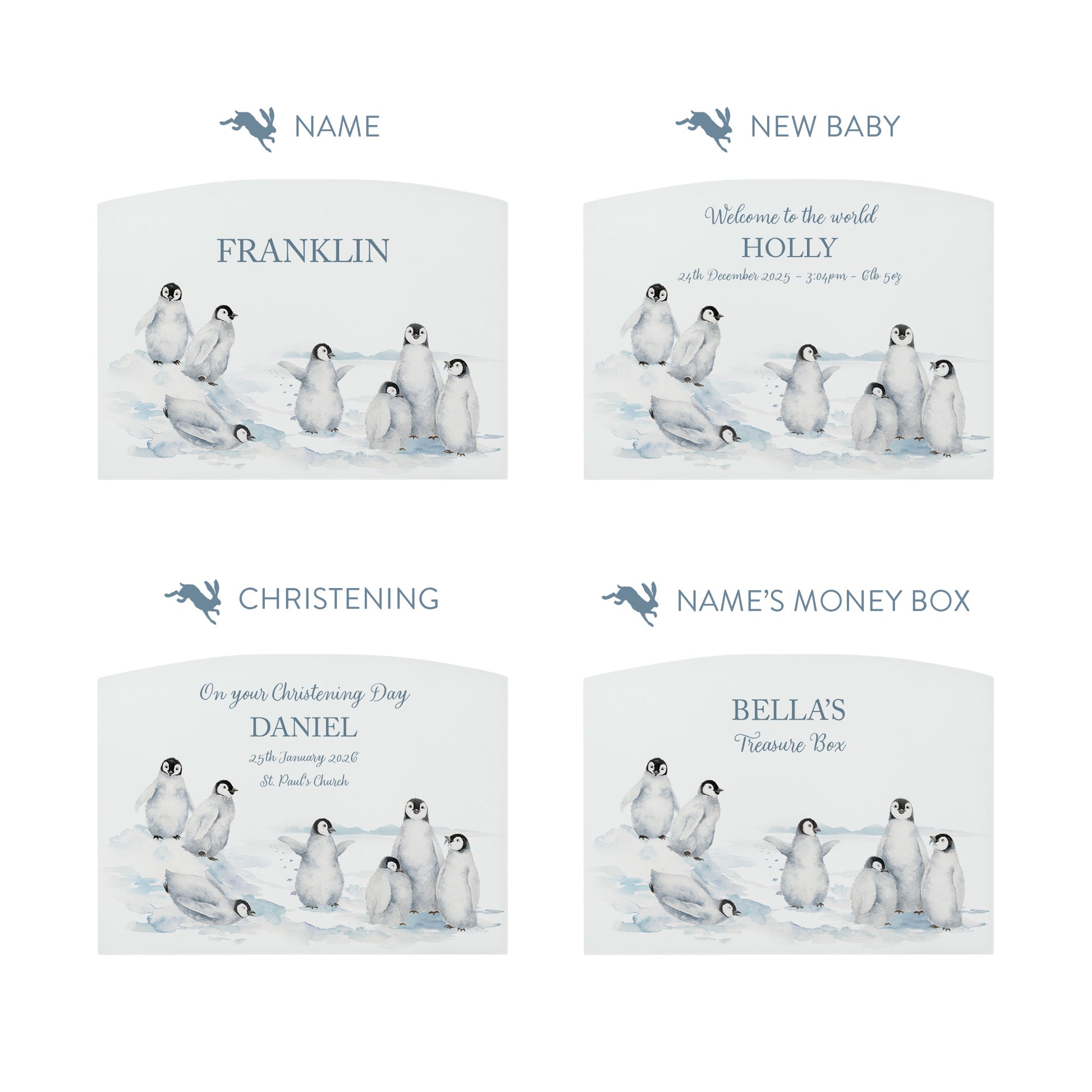 Penguin Design money box, penguins slipping and sliding having fun in the snow. The perfect new baby, birthday and christening gift.  