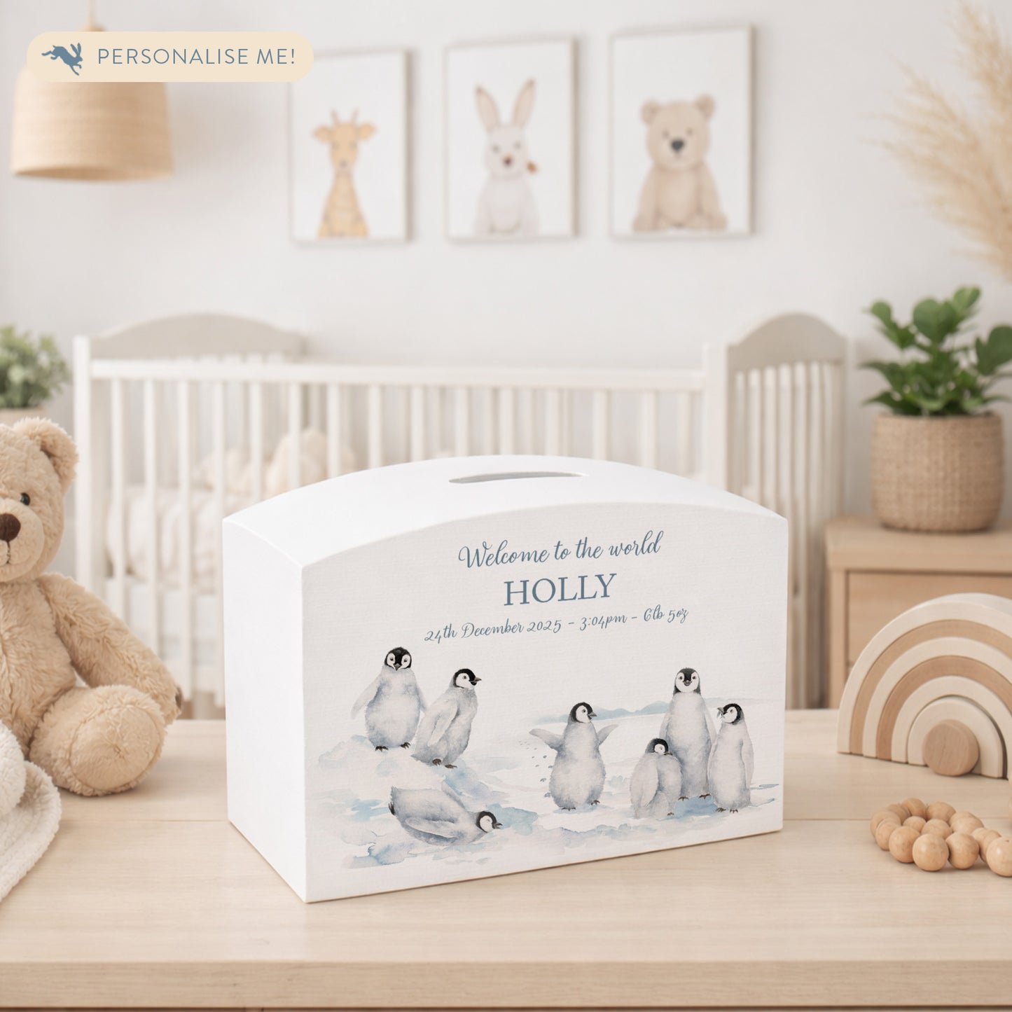 Penguin Design money box, penguins slipping and sliding having fun in the snow. The perfect new baby, birthday and christening gift.  