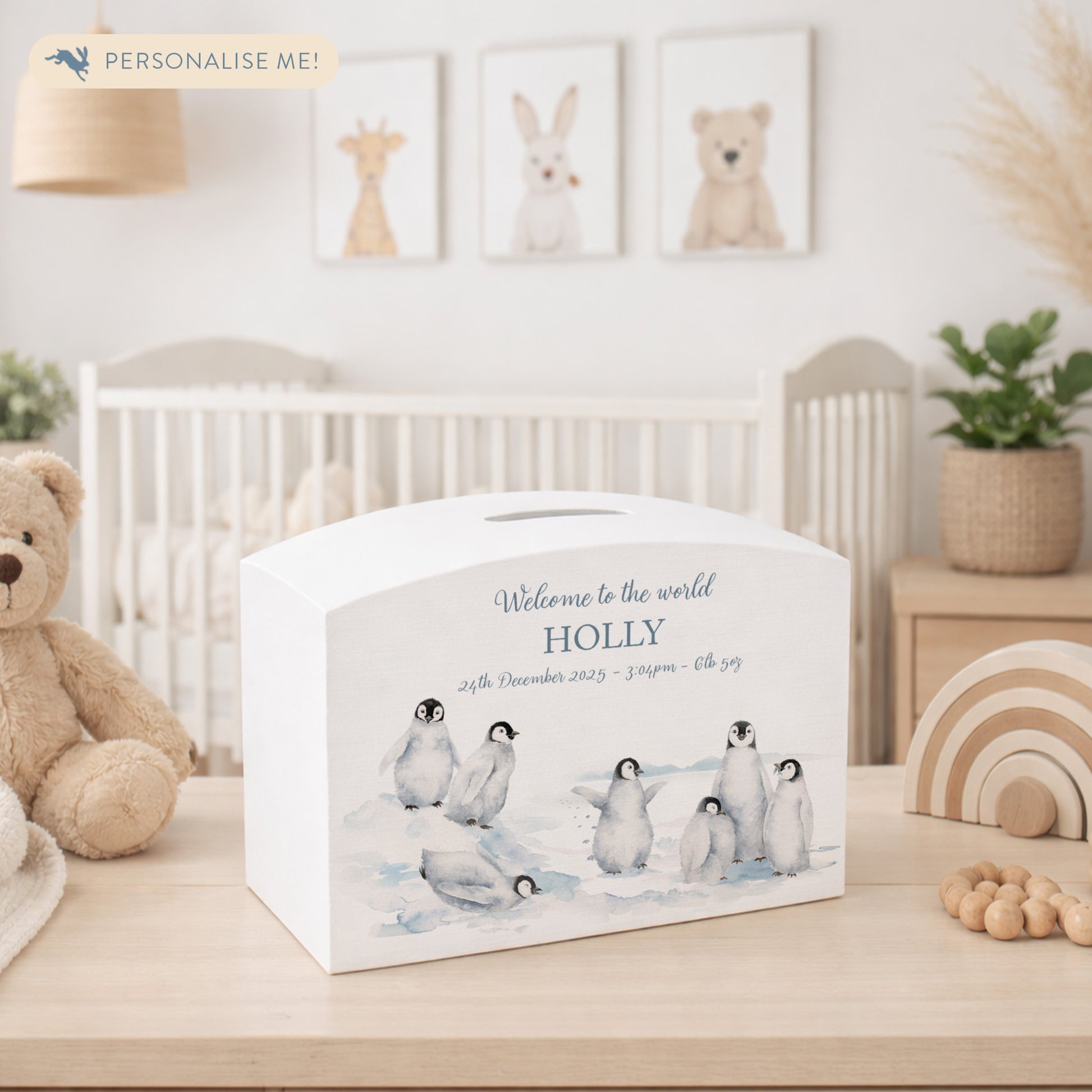Penguin Design money box, penguins slipping and sliding having fun in the snow. The perfect new baby, birthday and christening gift.  