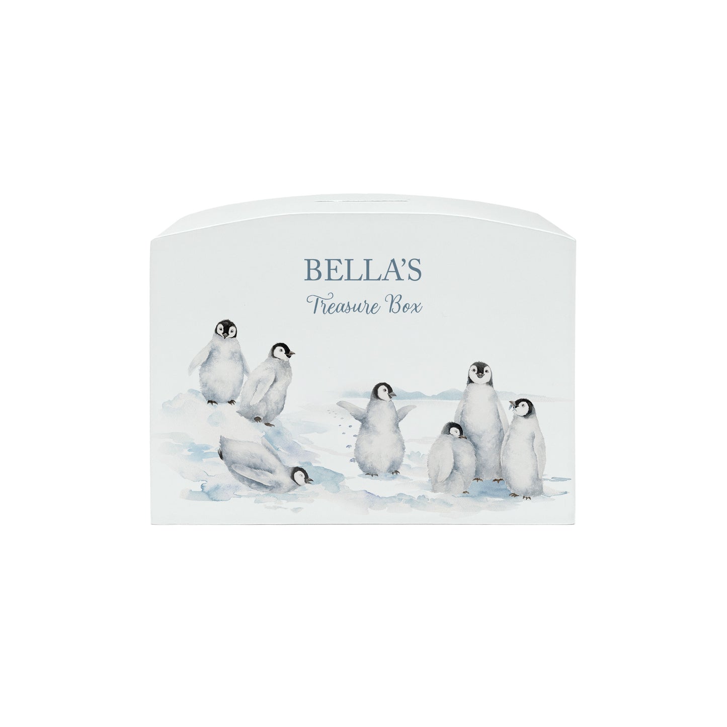 Penguin Design money box, penguins slipping and sliding having fun in the snow. The perfect new baby, birthday and christening gift.  