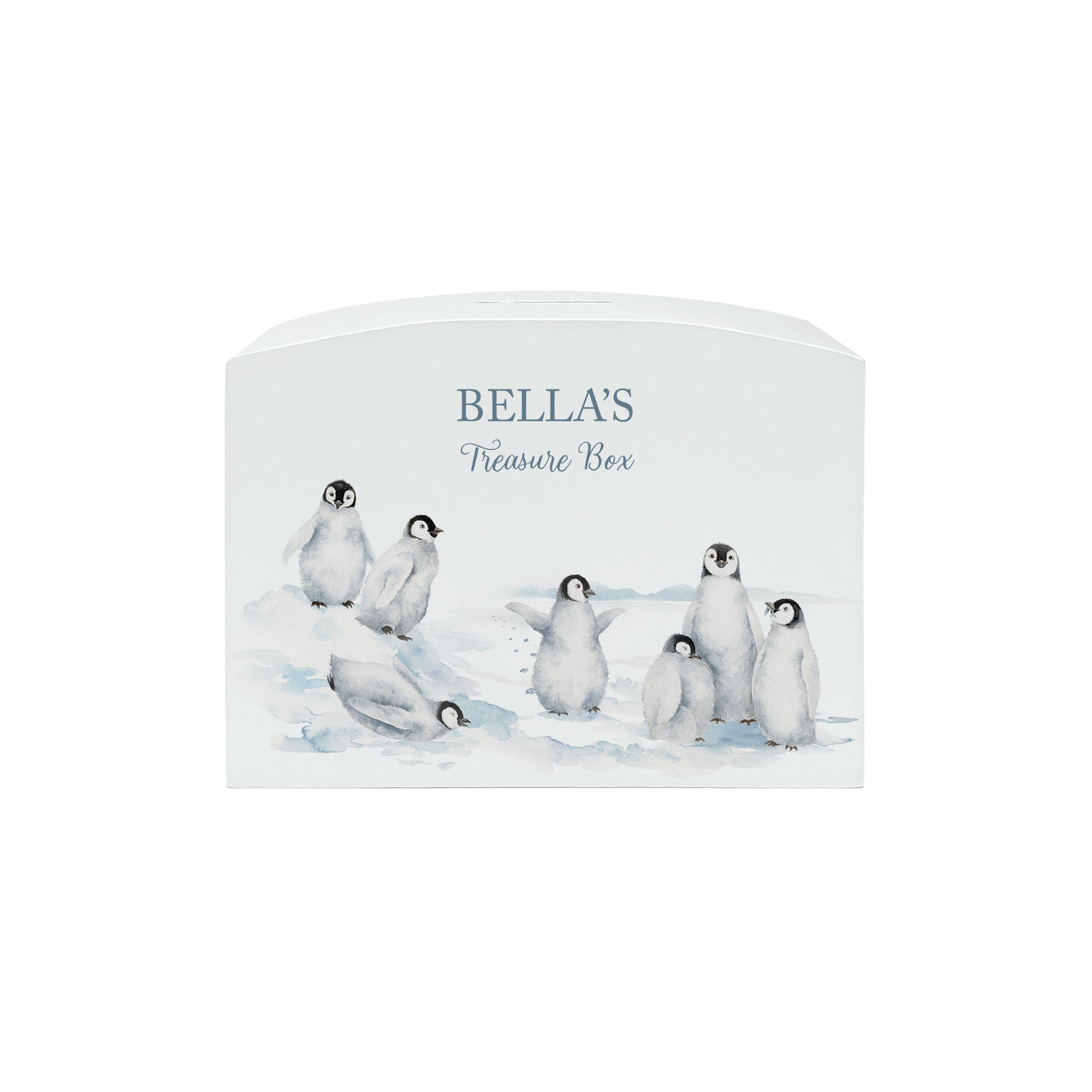 Penguin Design money box, penguins slipping and sliding having fun in the snow. The perfect new baby, birthday and christening gift.  