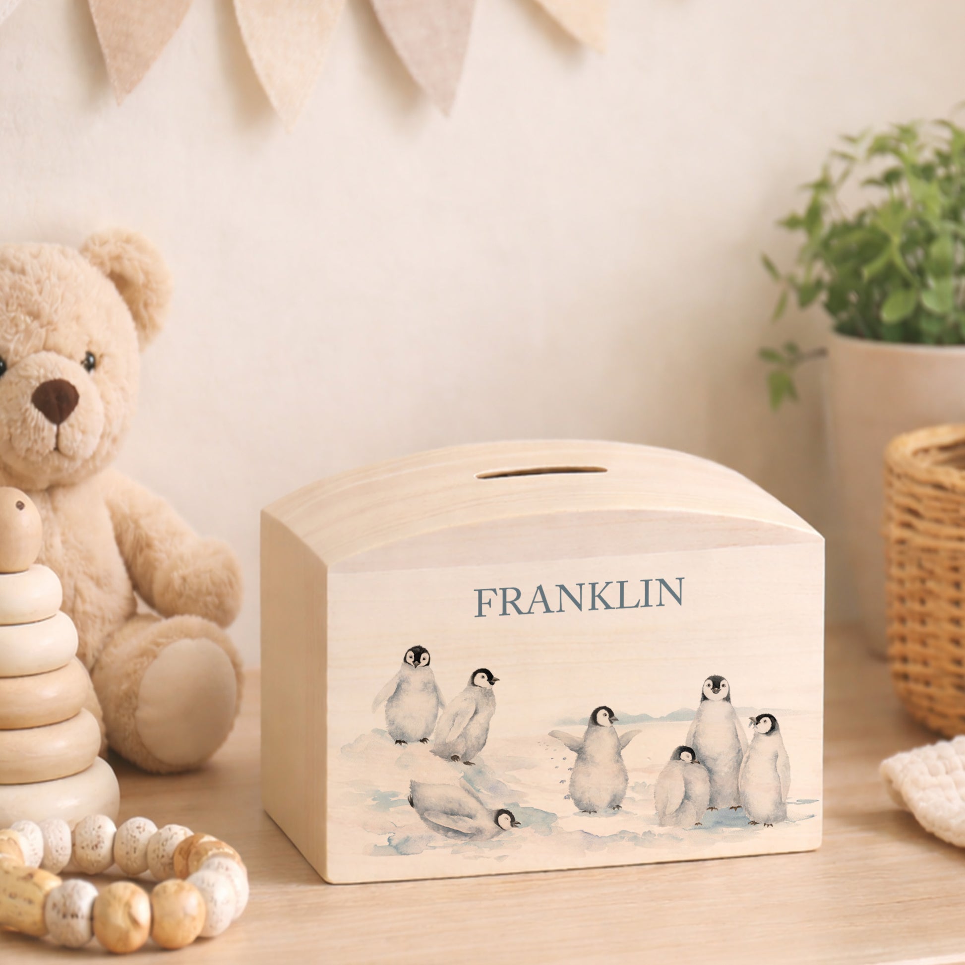 baby animal nursery decor personalised wooden money box