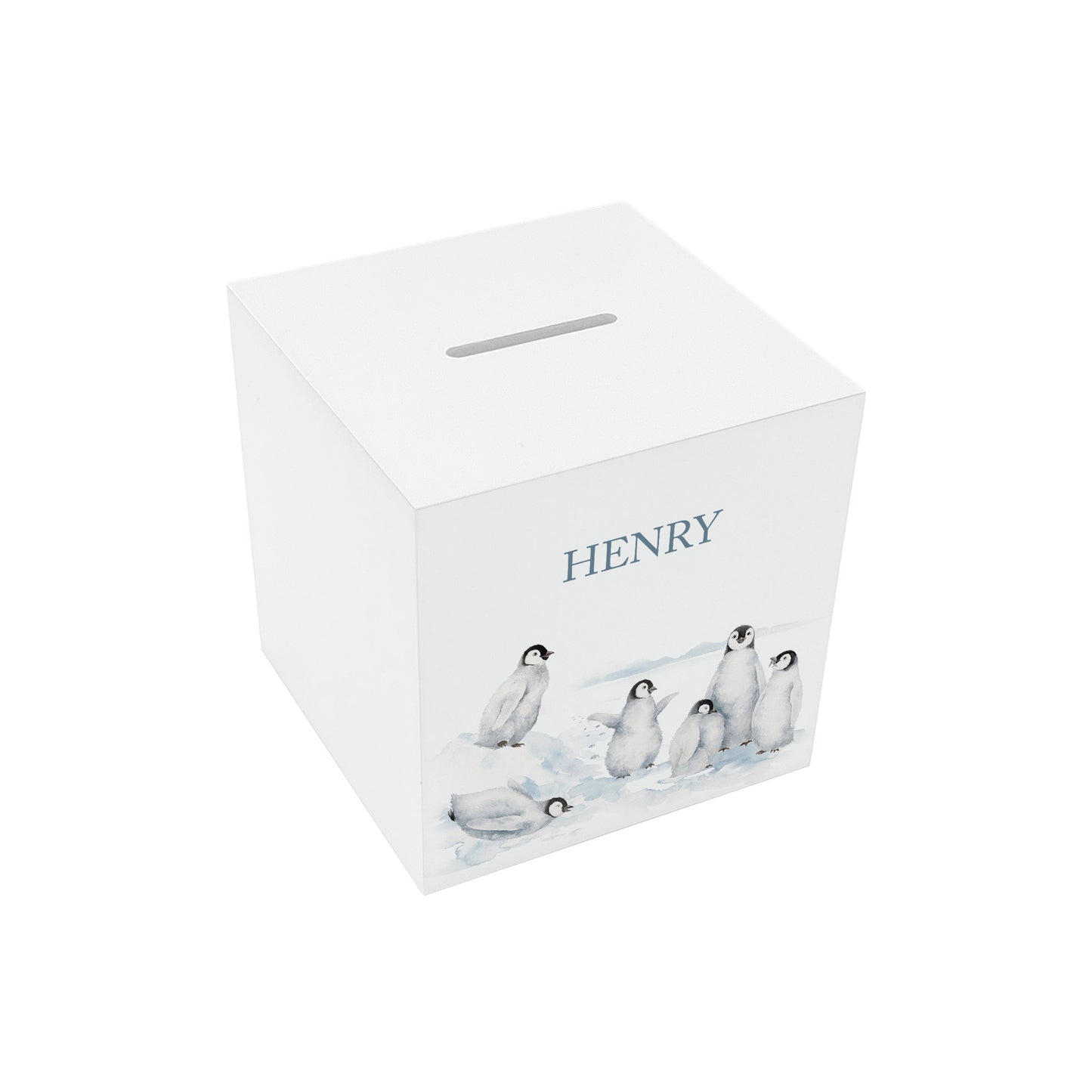 personalised handmade baby money box for new baby nursery or bedroom- Penguins having fun sliding in the snow