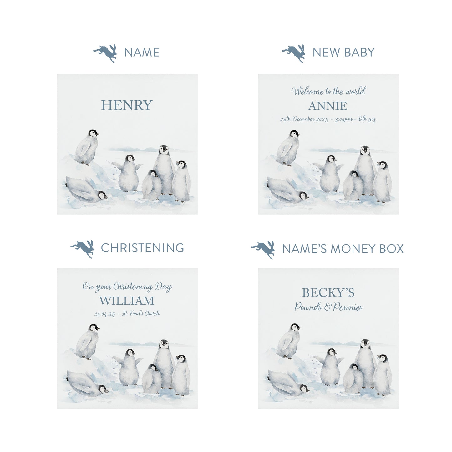 personalised handmade baby money box for new baby nursery or bedroom- Penguins having fun sliding in the snow
