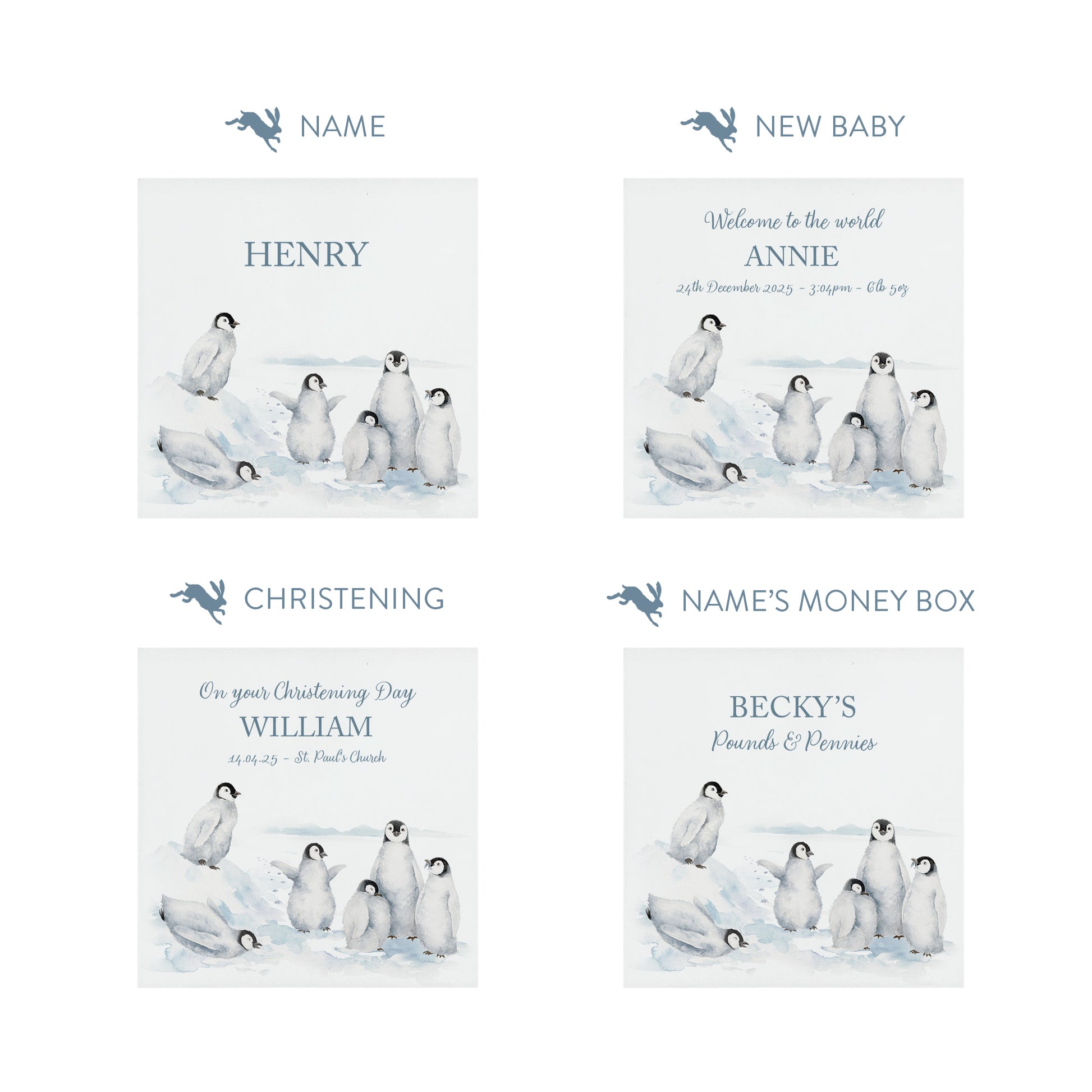 personalised handmade baby money box for new baby nursery or bedroom- Penguins having fun sliding in the snow