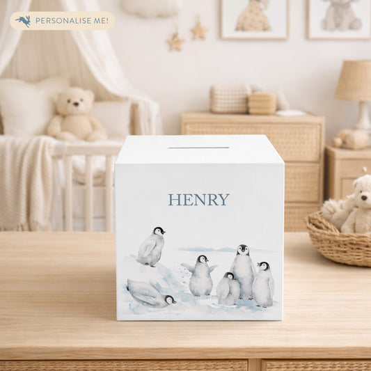 personalised handmade baby money box for new baby nursery or bedroom- Penguins having fun sliding in the snow