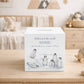 personalised handmade baby money box for new baby nursery or bedroom- Penguins having fun sliding in the snow