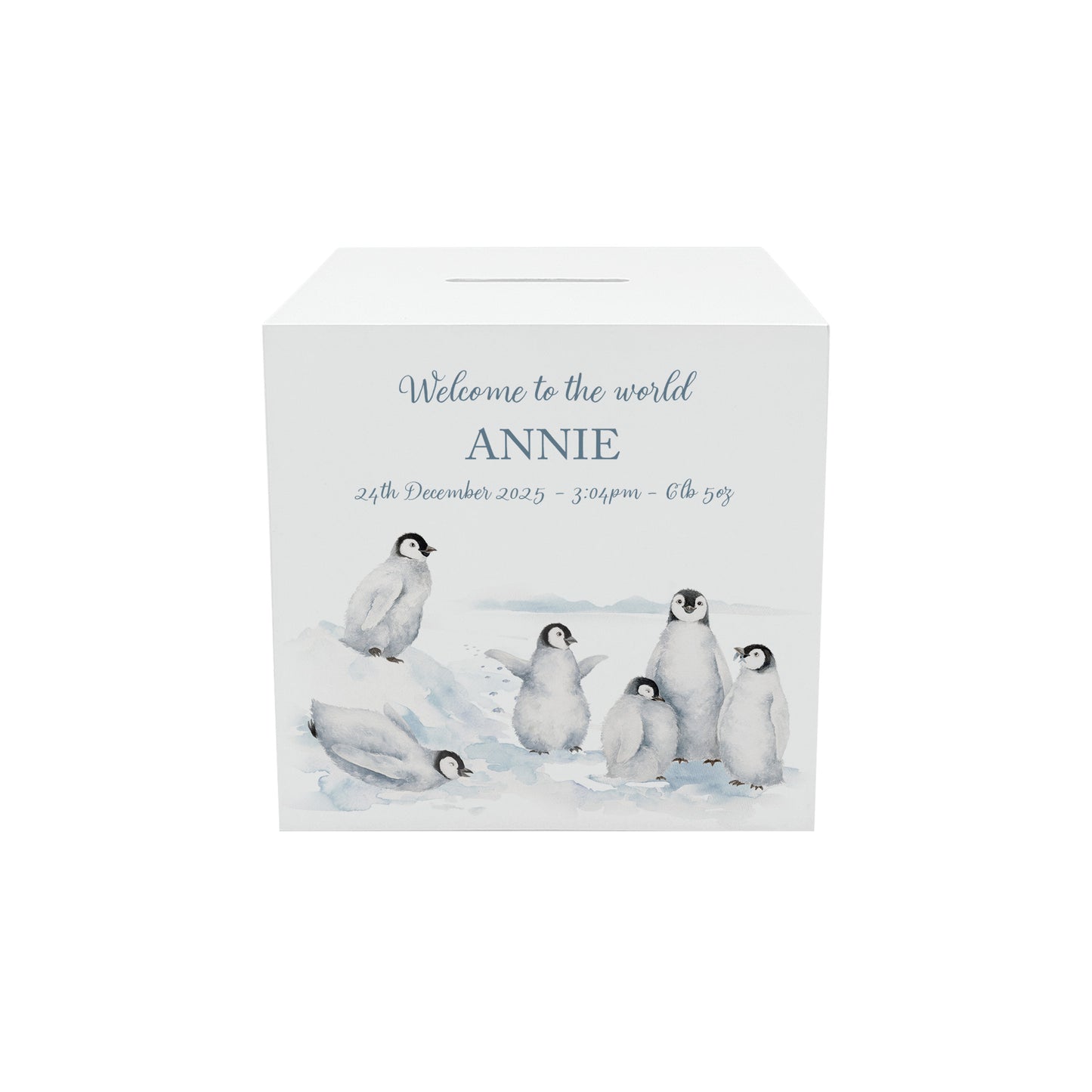 personalised handmade baby money box for new baby nursery or bedroom- Penguins having fun sliding in the snow