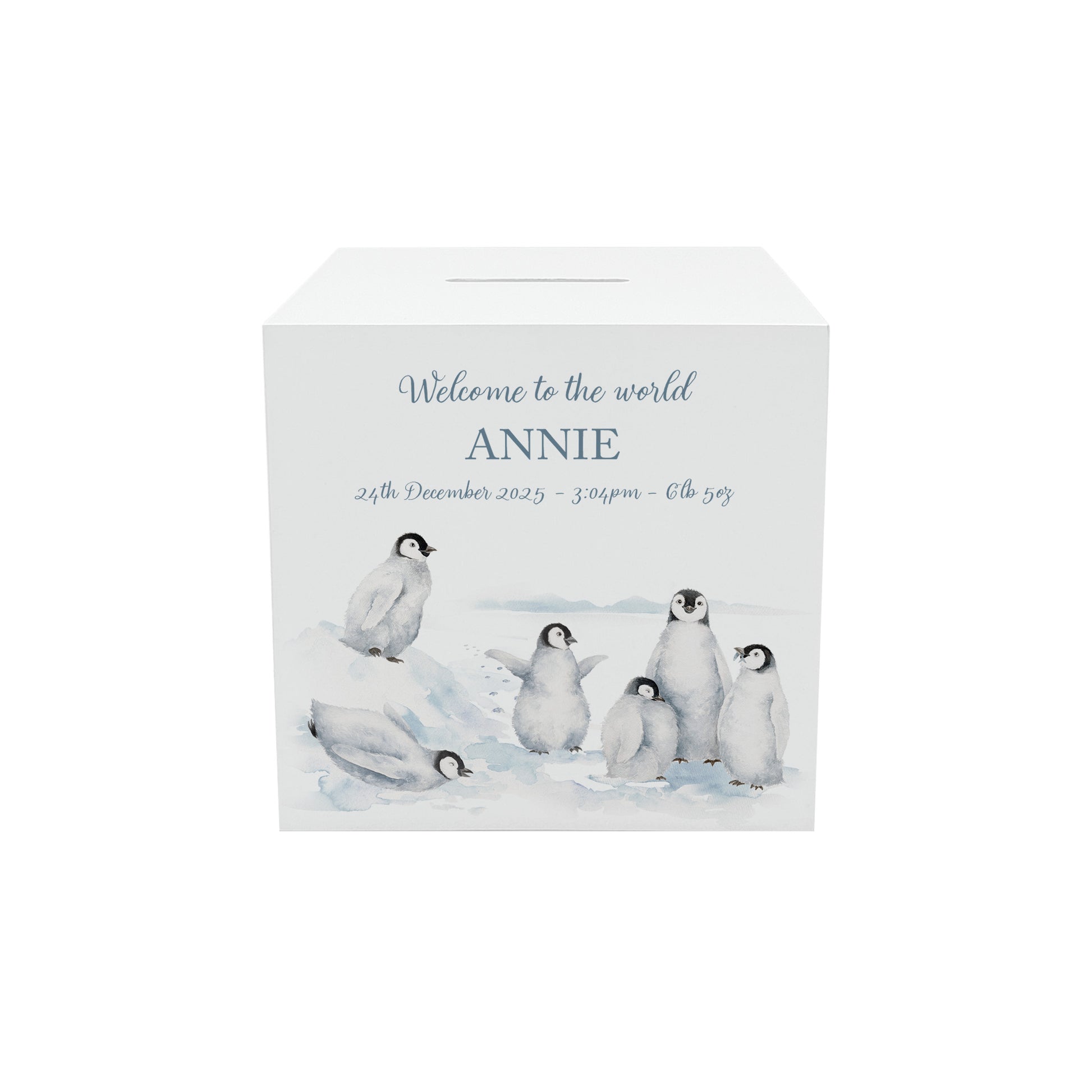 personalised handmade baby money box for new baby nursery or bedroom- Penguins having fun sliding in the snow