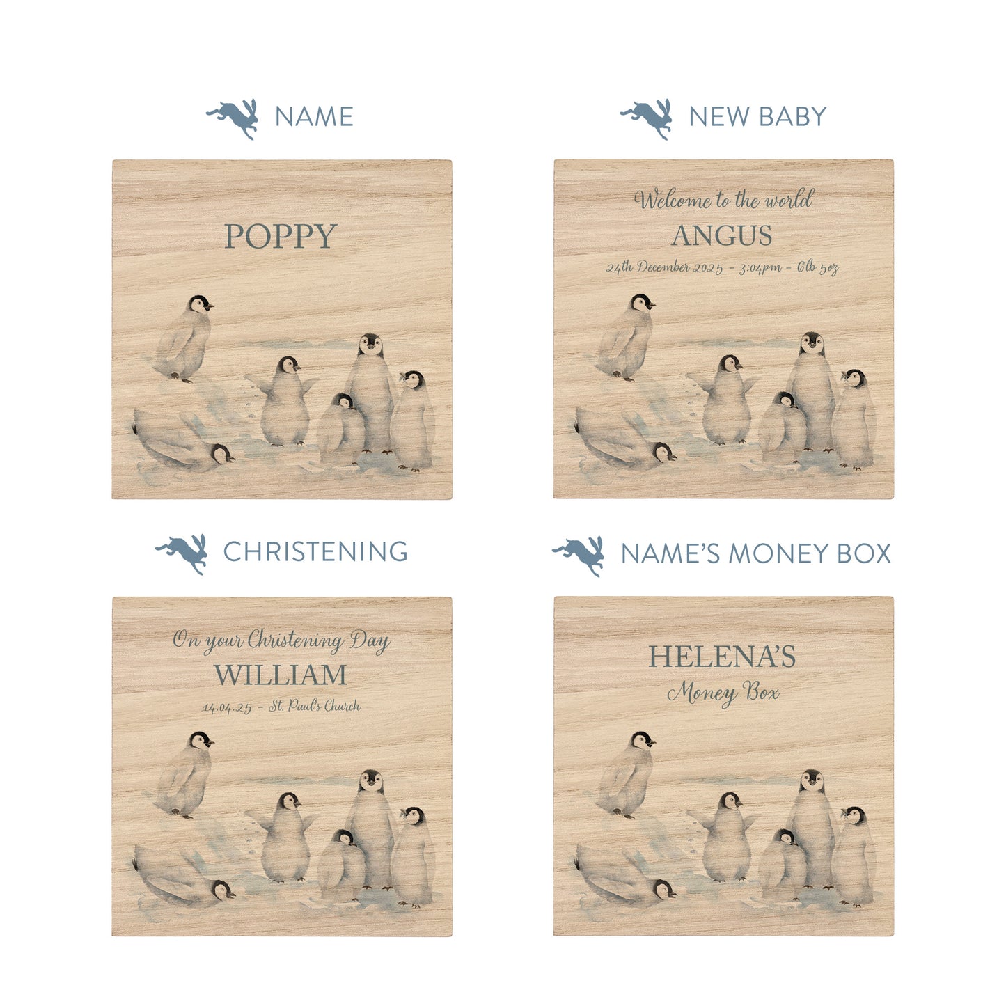 handmade nursery keepsake money box with delicate watercolour design, a group of Penguins playing, slipping and sliding in the snow. 
