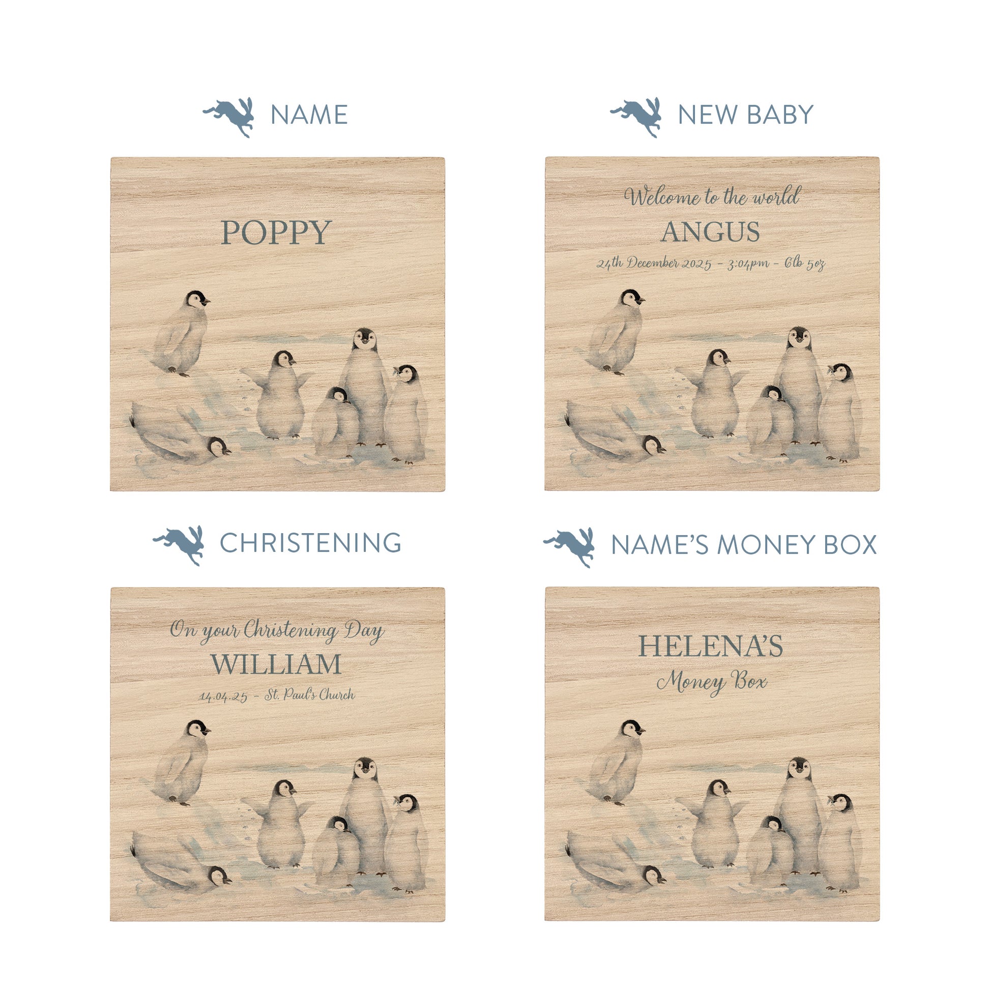 handmade nursery keepsake money box with delicate watercolour design, a group of Penguins playing, slipping and sliding in the snow. 