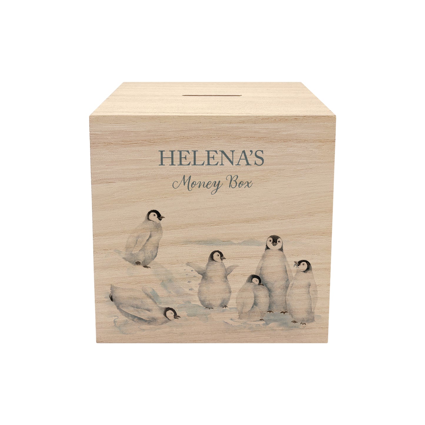 handmade nursery keepsake money box with delicate watercolour design, a group of Penguins playing, slipping and sliding in the snow. 