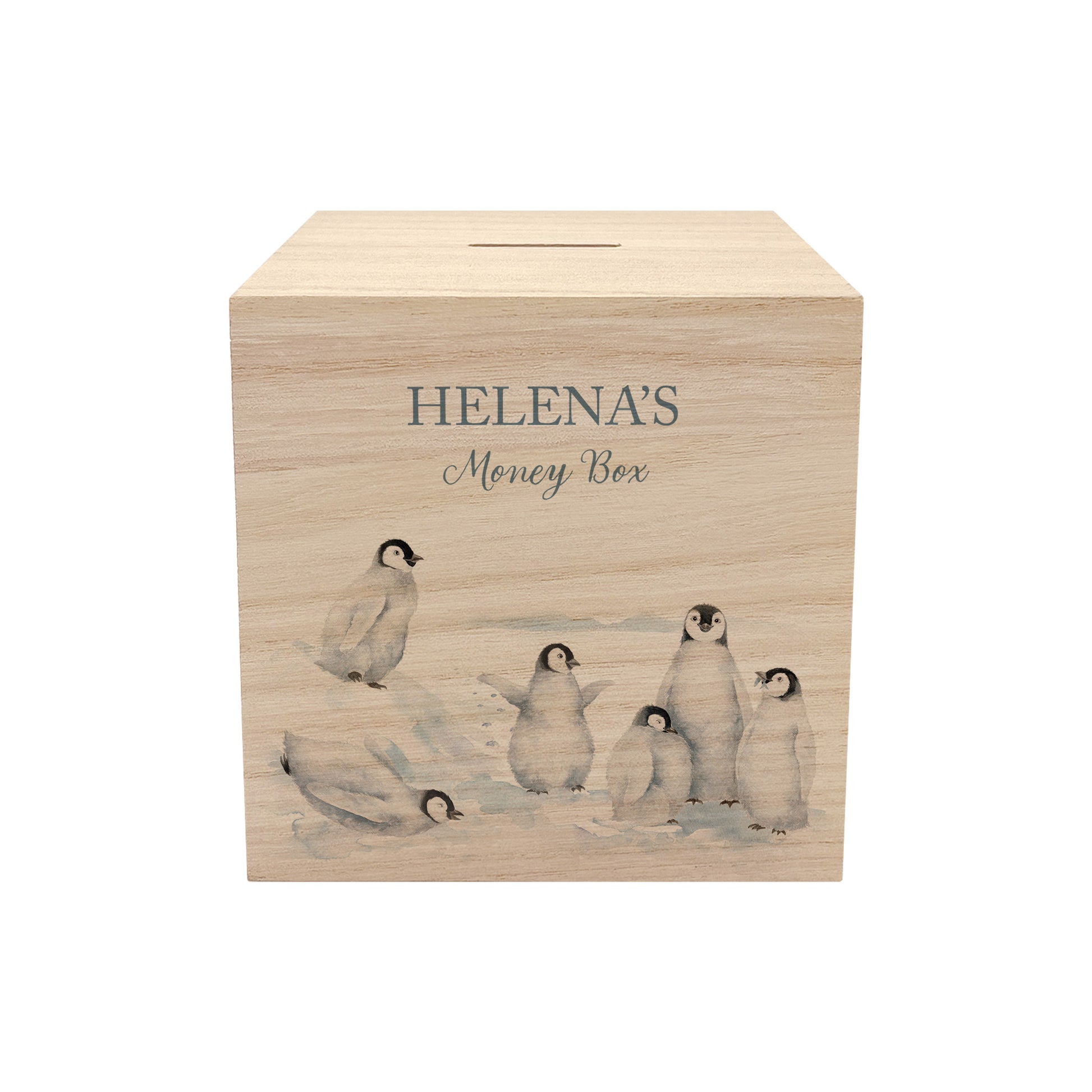 handmade nursery keepsake money box with delicate watercolour design, a group of Penguins playing, slipping and sliding in the snow. 
