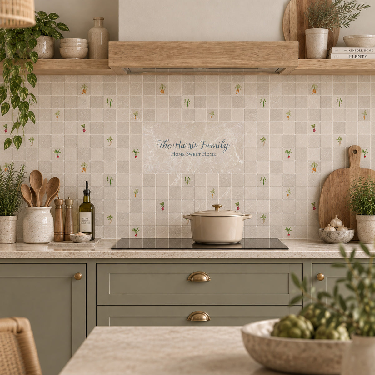 Personalised text only stone tile for walls, windowsills and splashbacks. Decorate with picture tiles around the plain tile.