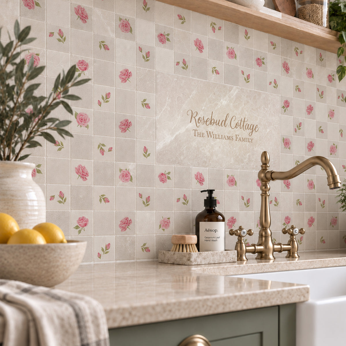 Personalised text only stone tile for walls, windowsills and splashbacks. Decorate with picture tiles around the plain tile.