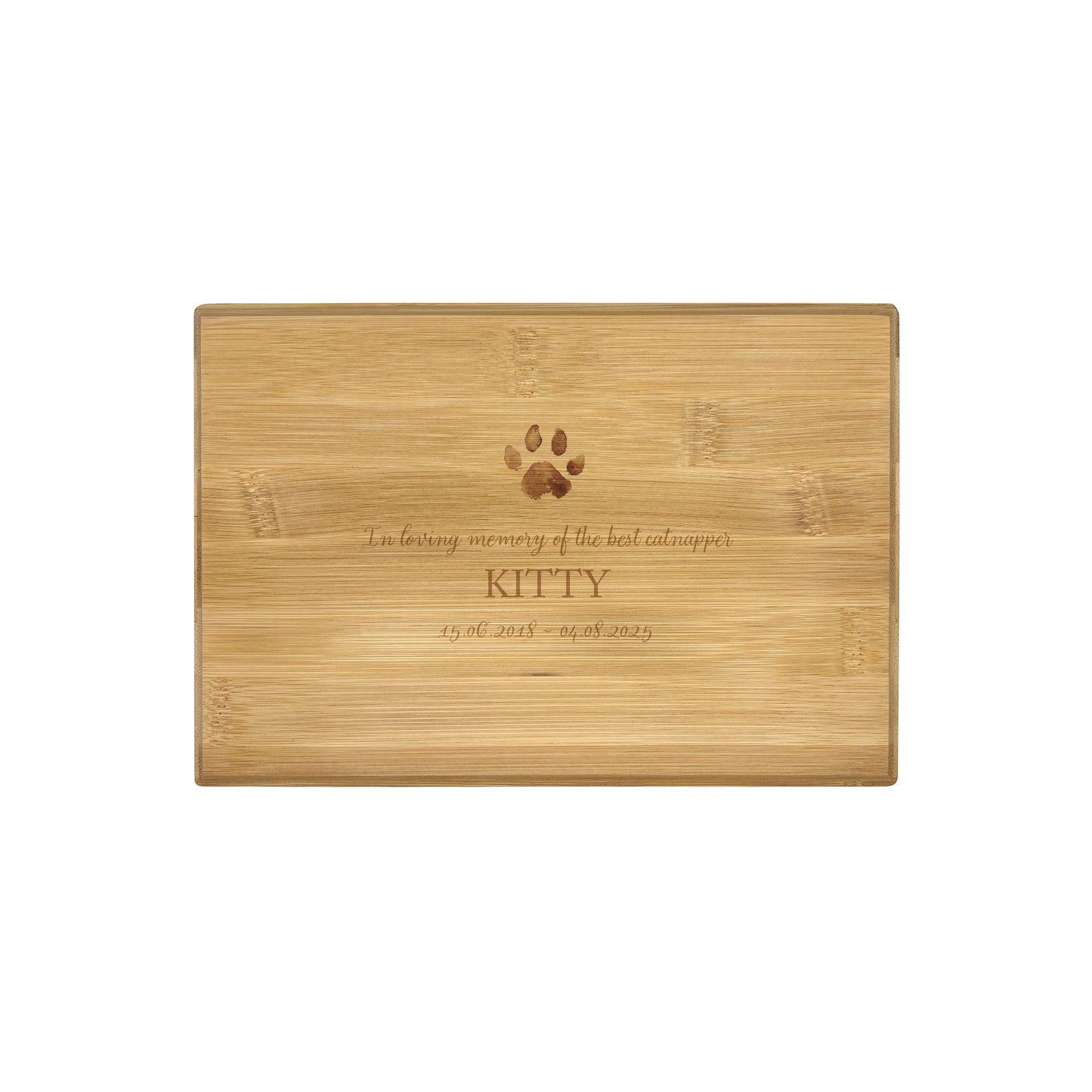 A beautifully crafted solid Bamboo wooden urn, personalised and finished with a soft watercolour design to commemorate your beloved pet that has passed away. Decorative urn that can be personalised to keep your pets ashes in. 