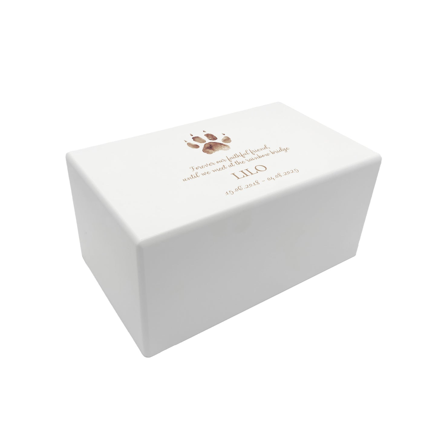 A beautifully crafted solid wooden urn, finished in white with a soft watercolour design of your cat or dogs paw print, Thoughtfully made for either display or burial, this personalised urn can be customised to create a meaningful memorial. Perfect for holding ashes of a beloved pet, it serves as a comforting tribute and keepsake.