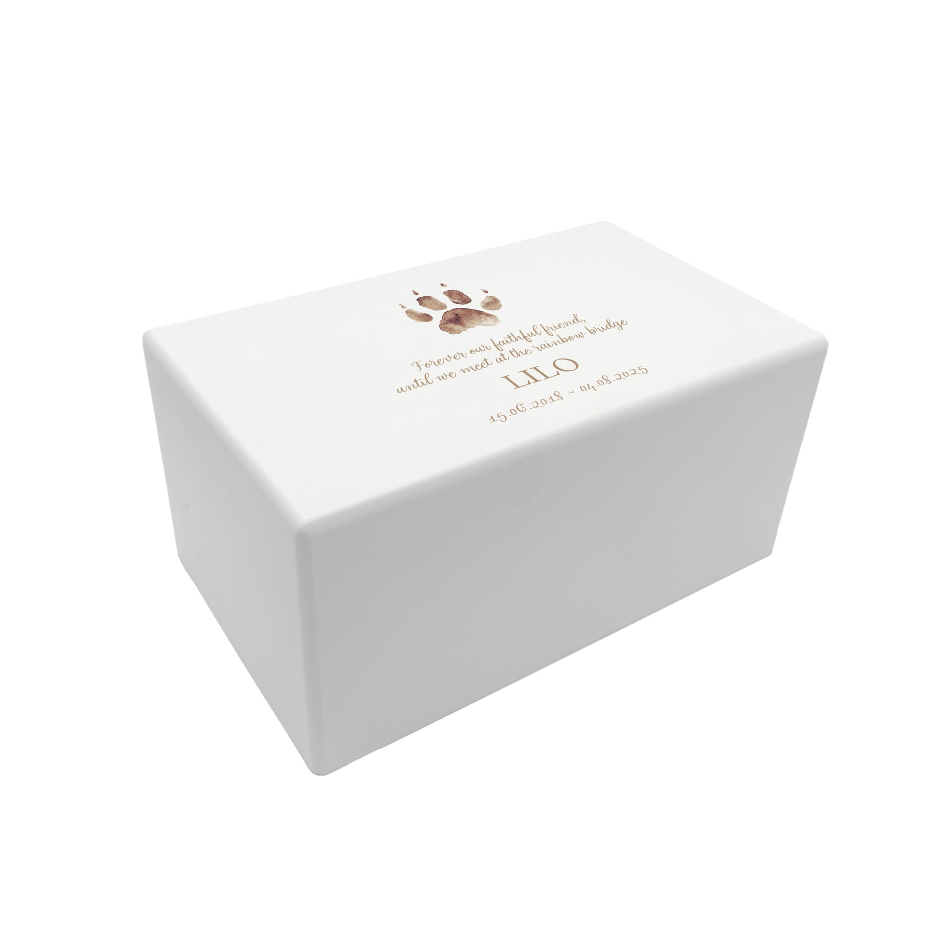 A beautifully crafted solid wooden urn, finished in white with a soft watercolour design of your cat or dogs paw print, Thoughtfully made for either display or burial, this personalised urn can be customised to create a meaningful memorial. Perfect for holding ashes of a beloved pet, it serves as a comforting tribute and keepsake.
