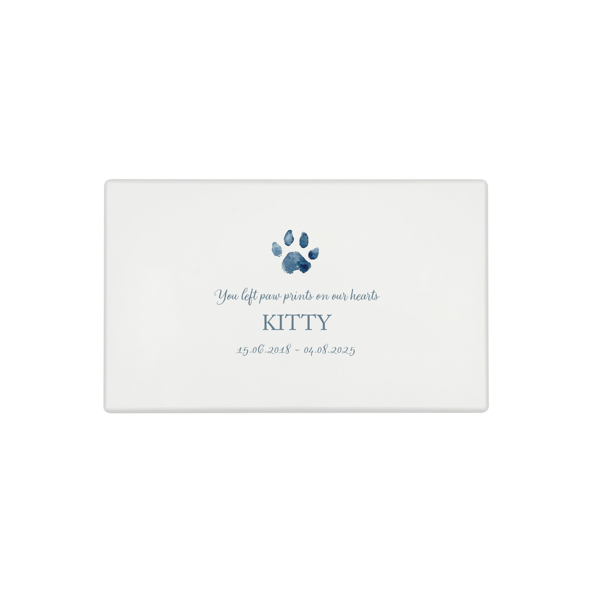 A beautifully crafted solid wooden urn, finished in white with a soft watercolour design of your cat or dogs paw print, Thoughtfully made for either display or burial, this personalised urn can be customised to create a meaningful memorial. Perfect for holding ashes of a beloved pet, it serves as a comforting tribute and keepsake.