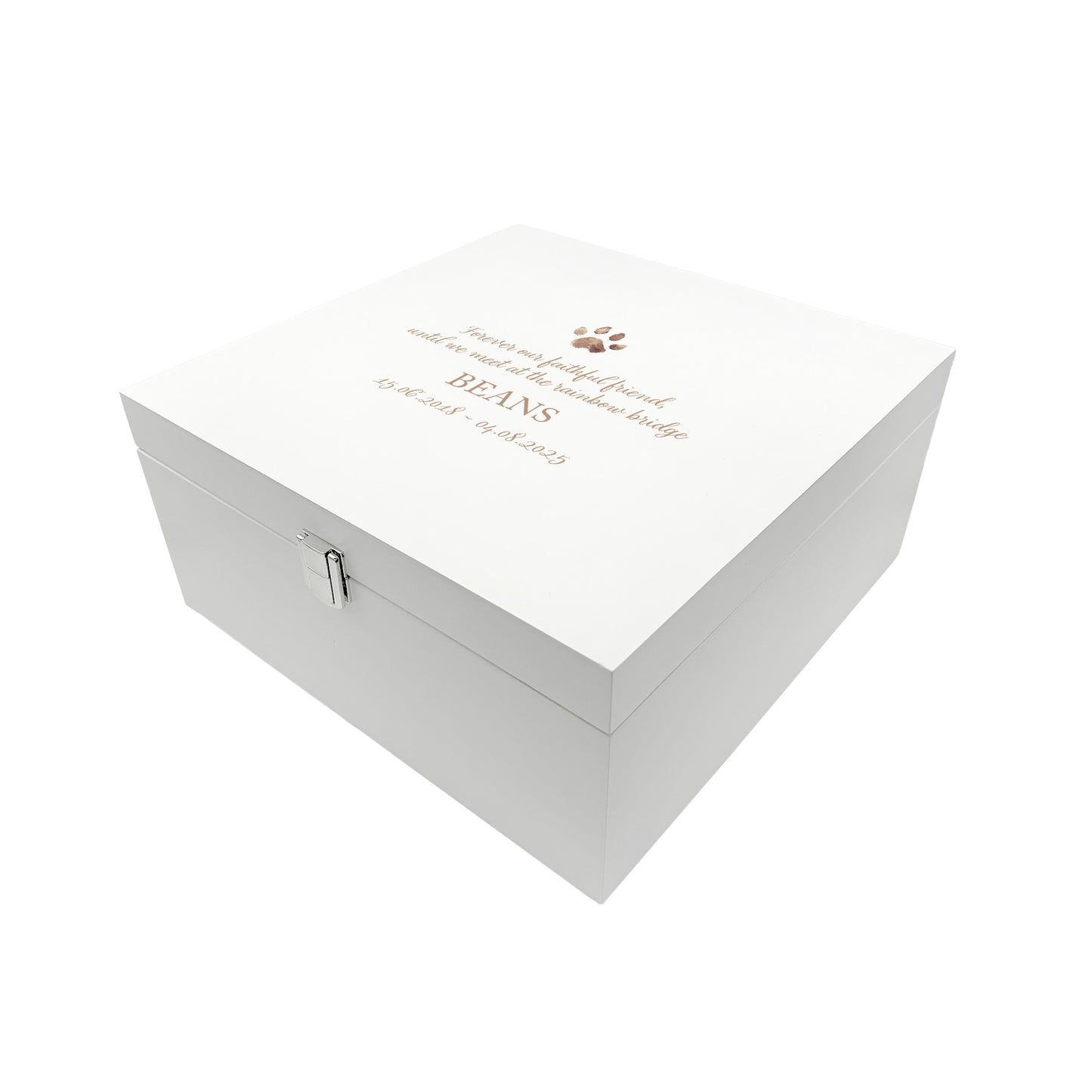 White Square personalised Wooden box with a decorative lid featuring illustrations of your pets paw prints, Perfect memory keepsake box, for storing ashes, pets ball and toys, pictures, lead and collar. capturing your beloved cat or dogs things in one place