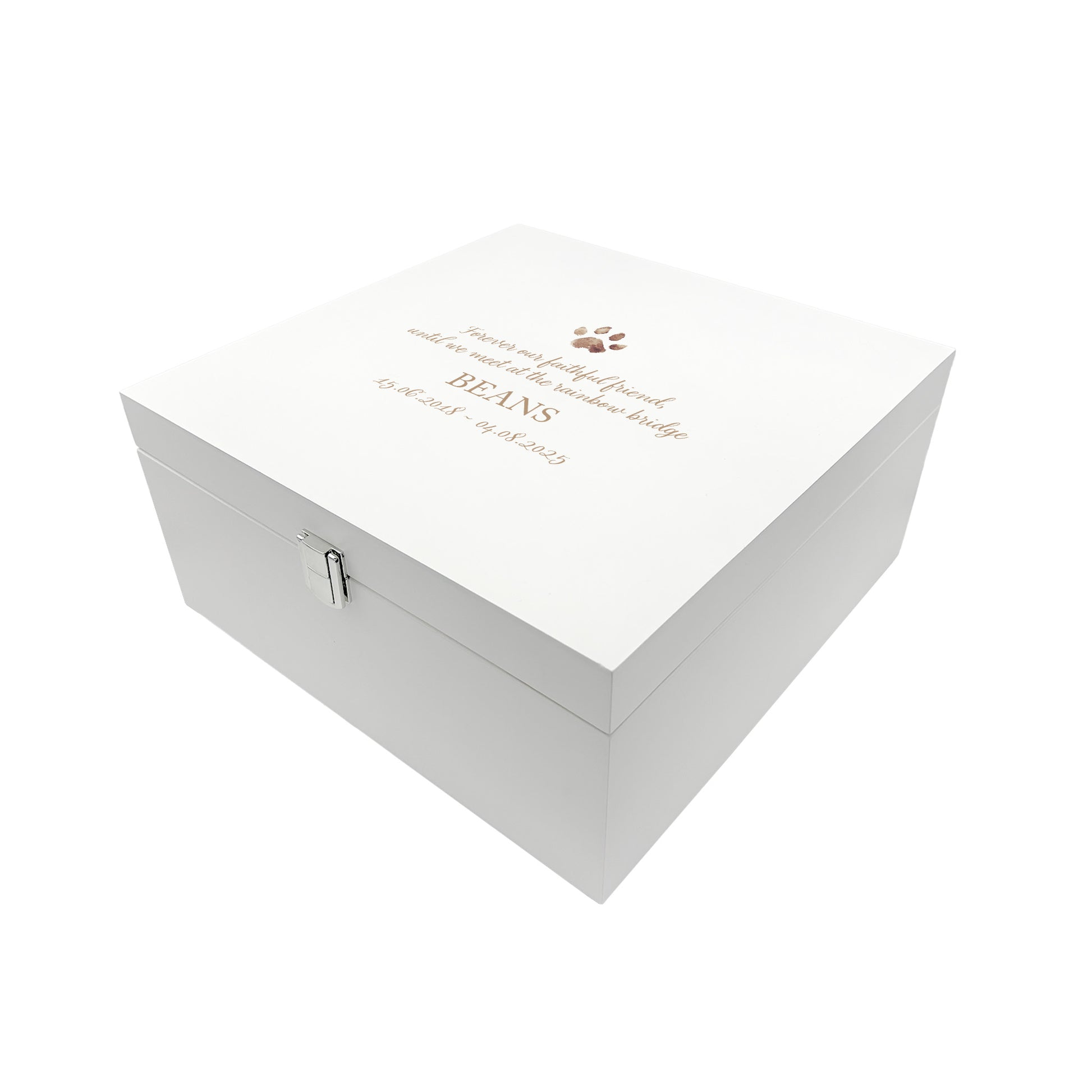 White Square personalised Wooden box with a decorative lid featuring illustrations of your pets paw prints, Perfect memory keepsake box, for storing ashes, pets ball and toys, pictures, lead and collar. capturing your beloved cat or dogs things in one place