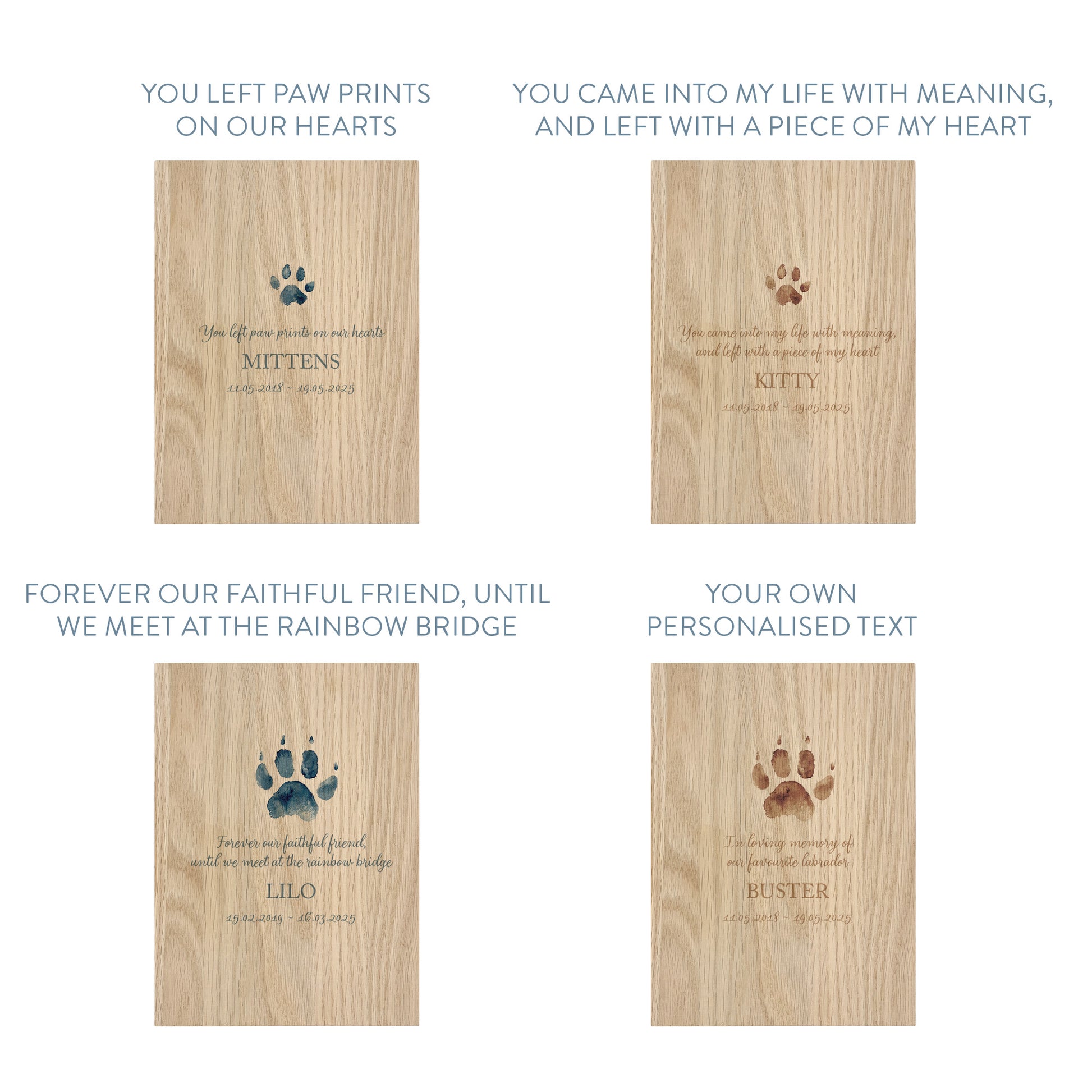 Memorial Solid Oak Photo Frame, personalise with your own message or select from our drop down selection. handmade watercolour paintings, this design features cat and dog pawprints to remember your beloved pet. 