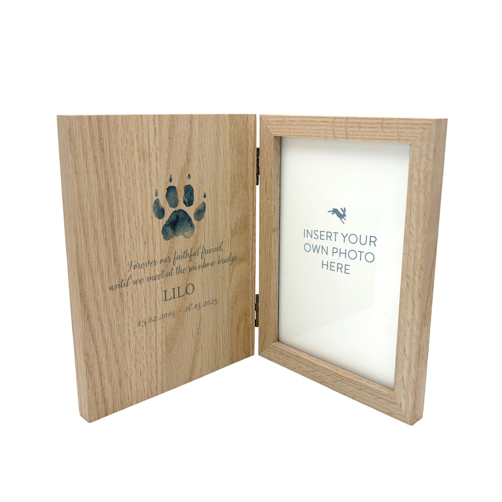 Memorial Solid Oak Photo Frame, personalise with your own message or select from our drop down selection. handmade watercolour paintings, this design features cat and dog pawprints to remember your beloved pet. 
