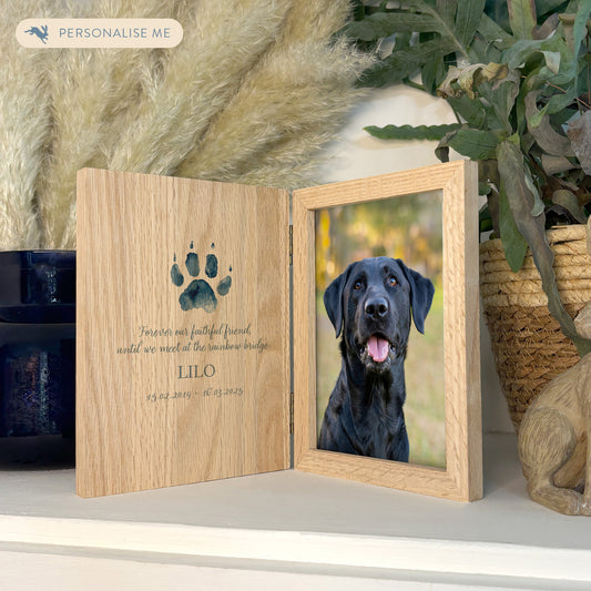Memorial Solid Oak Photo Frame, personalise with your own message or select from our drop down selection. handmade watercolour paintings, this design features cat and dog pawprints to remember your beloved pet. 