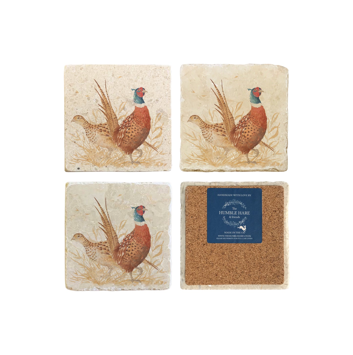 A set of 4 square marble coasters, featuring a watercolour design of a pair of pheasants. One coaster is flipped to show that the coasters are backed with cork.
