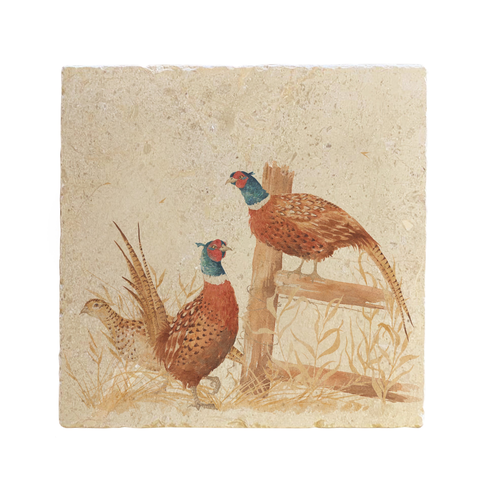 A large square multipurpose marble platter, featuring a watercolour design of three pheasants, two male and one female, standing around a countryside fence post in golden grass.