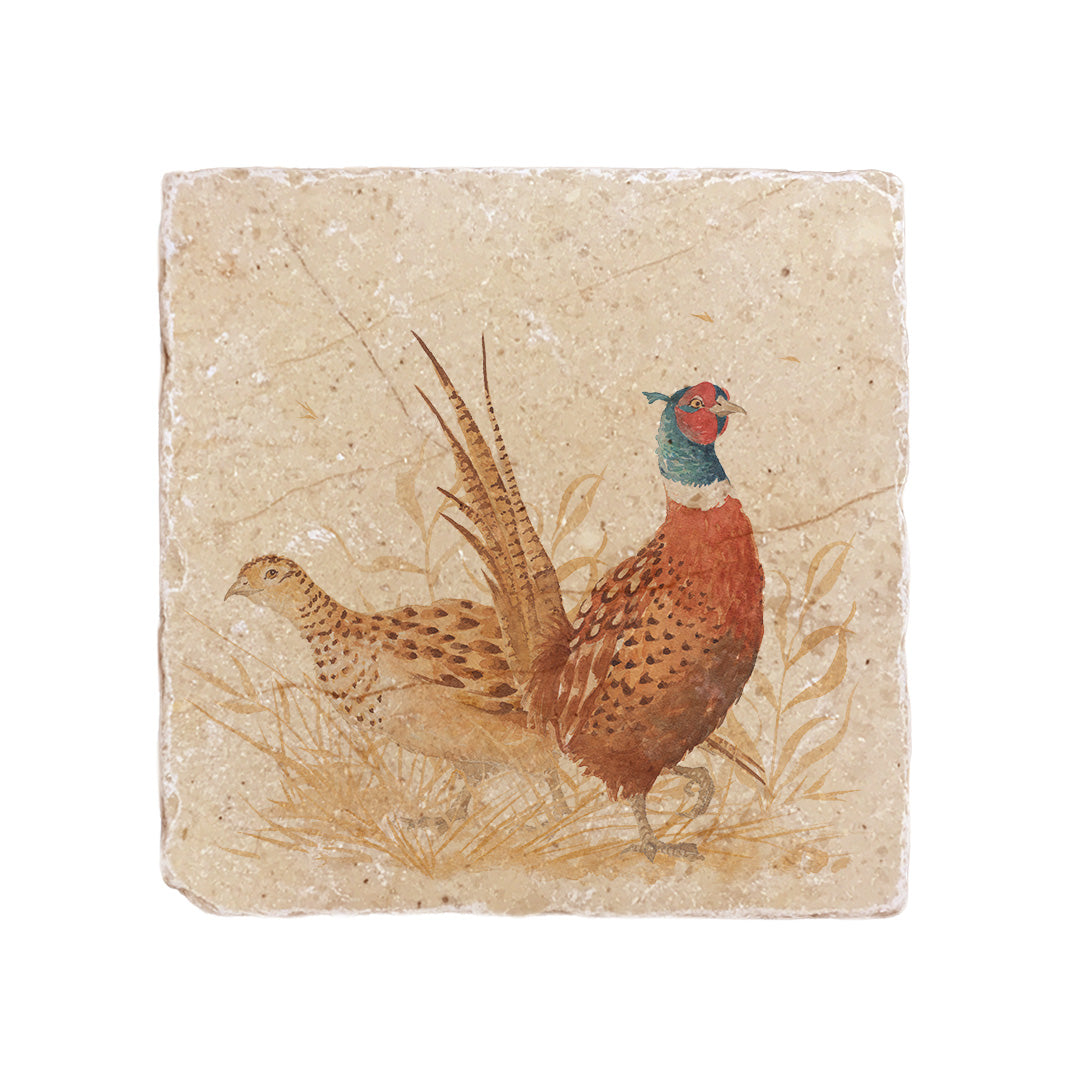 A medium square multipurpose marble platter, featuring a watercolour design of a pair of pheasants, one male and one female, in golden grass.