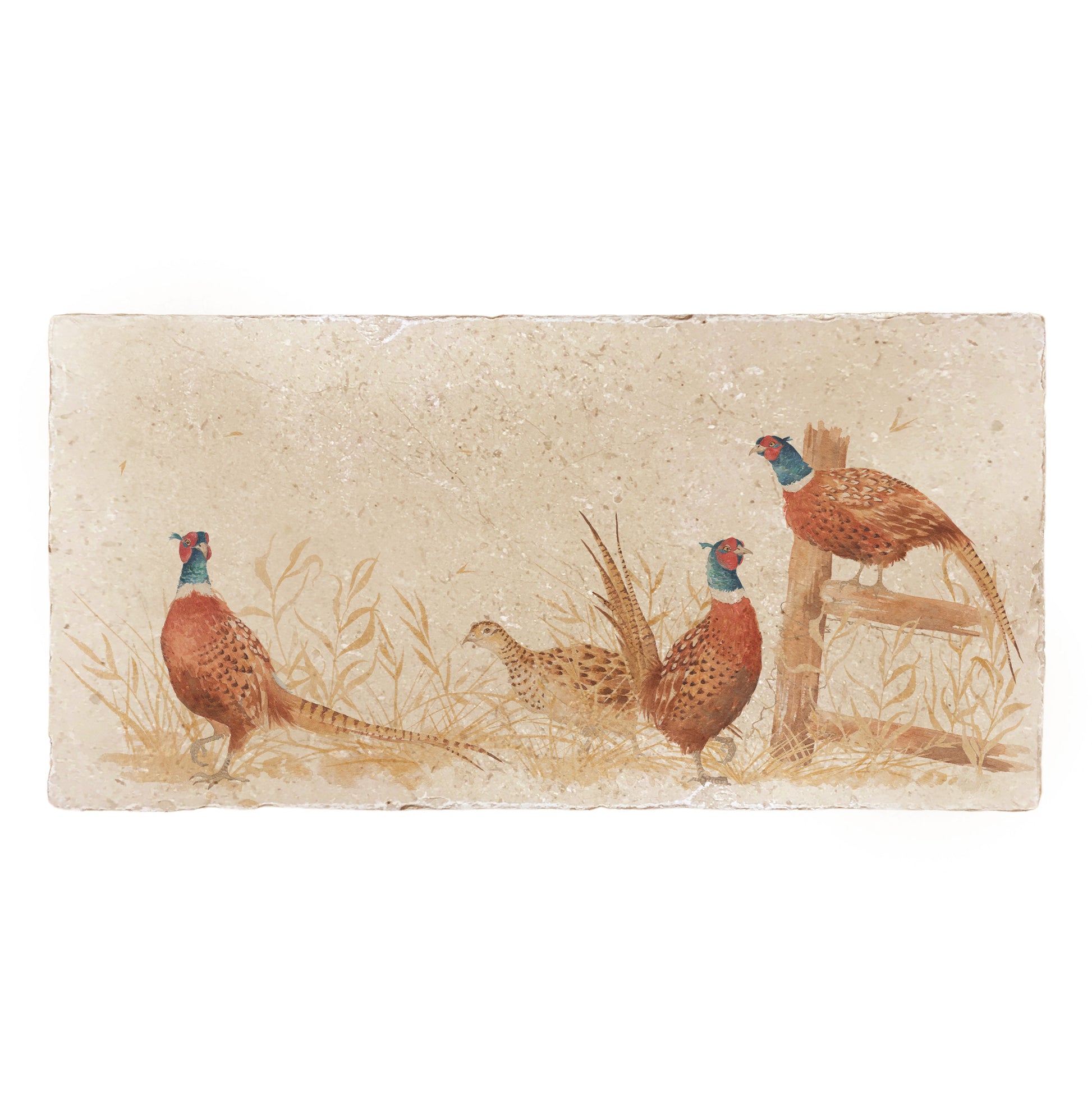 A 20x40cm marble splashback tile, featuring a watercolour design of pheasants in a wheat field.