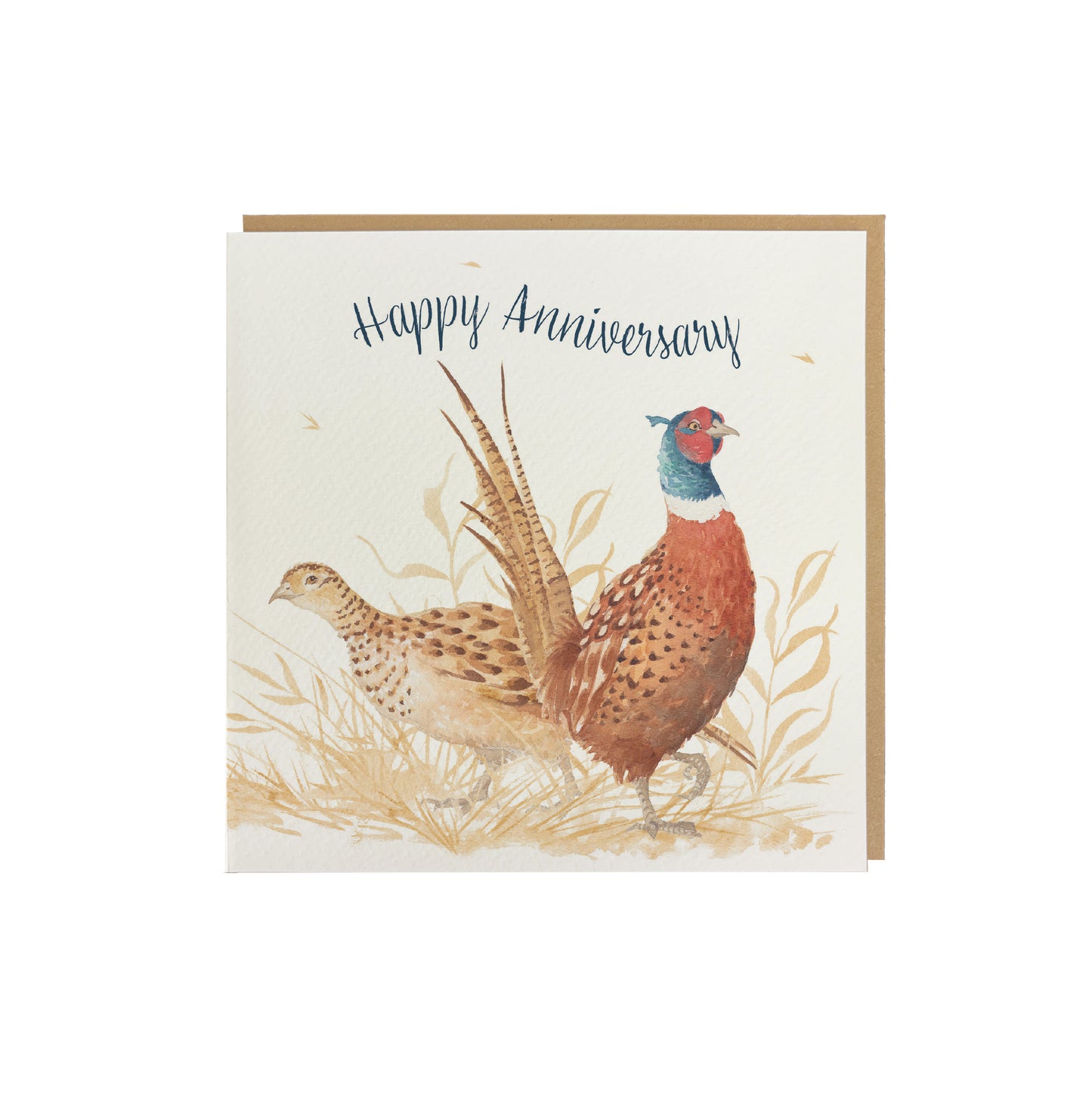 A greetings card reading Happy Anniversary in dark blue text above a male and female pheasant couple in a watercolour style. The card has a recyclable brown kraft envelope behind it.