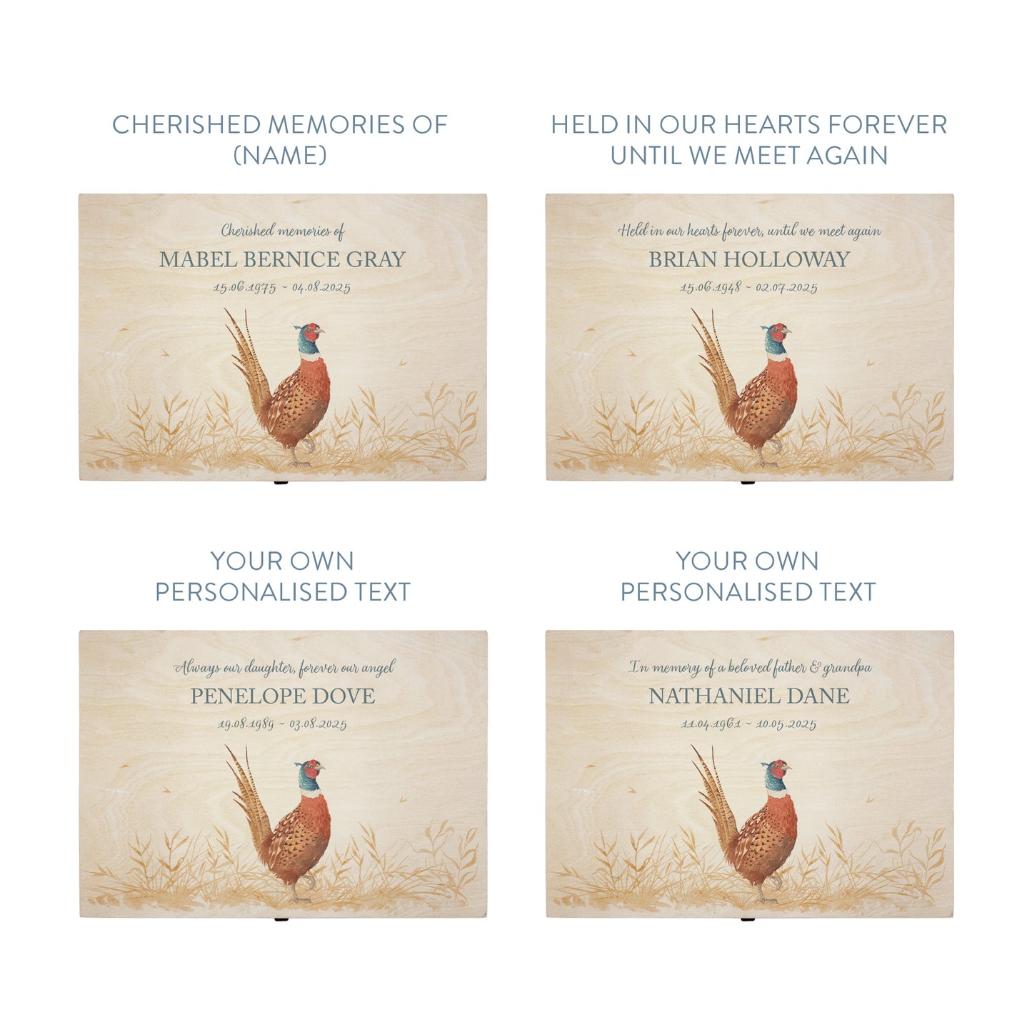 Wooden box with a lid featuring an illustration of a pheasant on a wooden background Perfect funeral memory keepsake box, for storing ashes, order of service, flowers, pictures. 