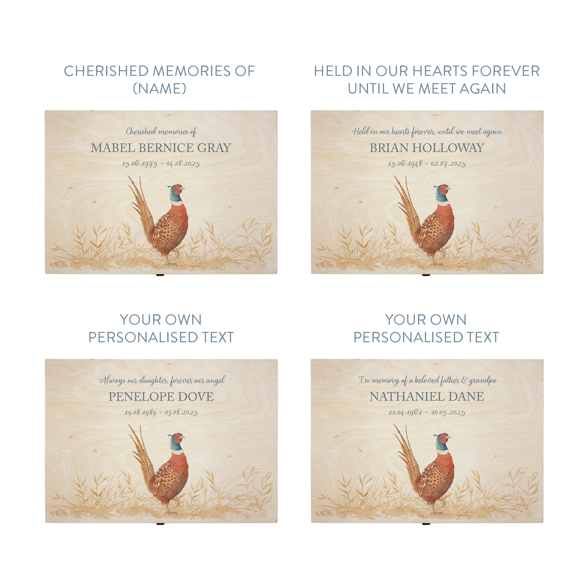 Wooden box with a lid featuring an illustration of a pheasant on a wooden background Perfect funeral memory keepsake box, for storing ashes, order of service, flowers, pictures. 