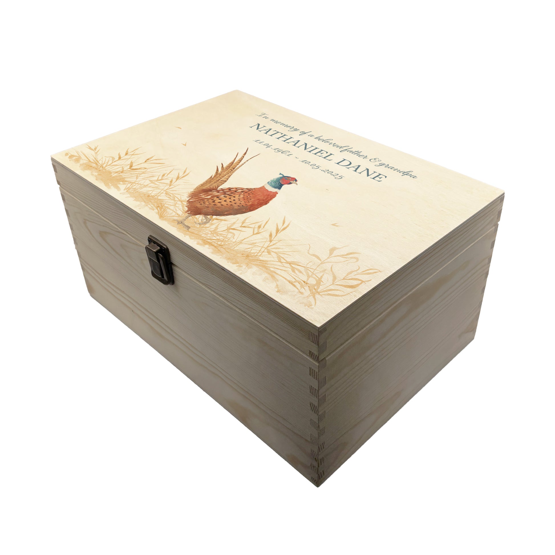 Wooden box with a lid featuring an illustration of a pheasant on a wooden background Perfect funeral memory keepsake box, for storing ashes, order of service, flowers, pictures. 