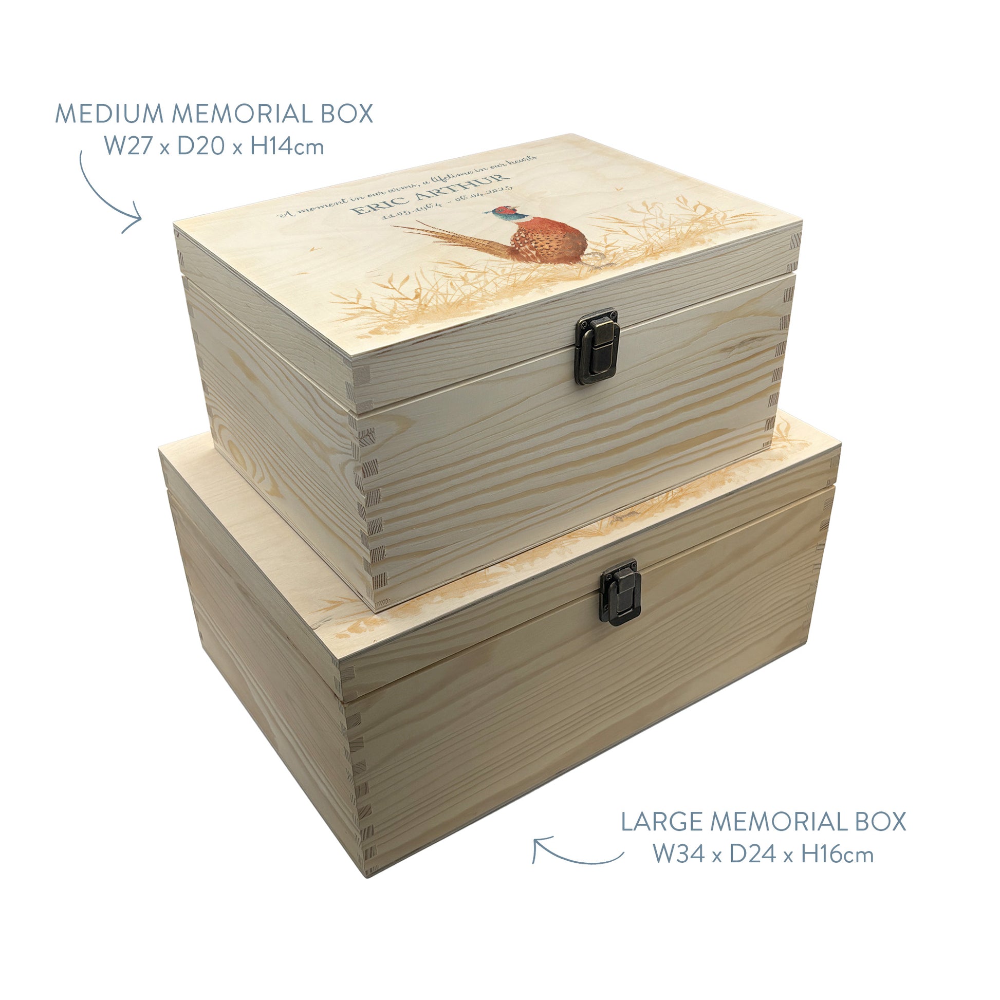 Wooden box with a lid featuring an illustration of a pheasant on a wooden background Perfect funeral memory keepsake box, for storing ashes, order of service, flowers, pictures. 