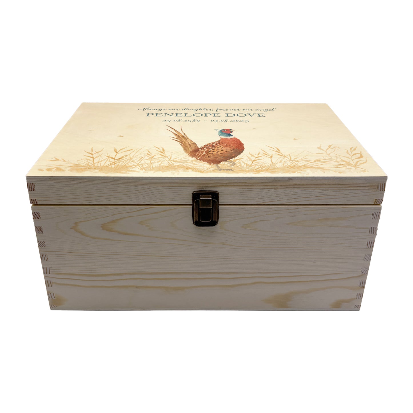 Wooden box with a lid featuring an illustration of a pheasant on a wooden background Perfect funeral memory keepsake box, for storing ashes, order of service, flowers, pictures. 