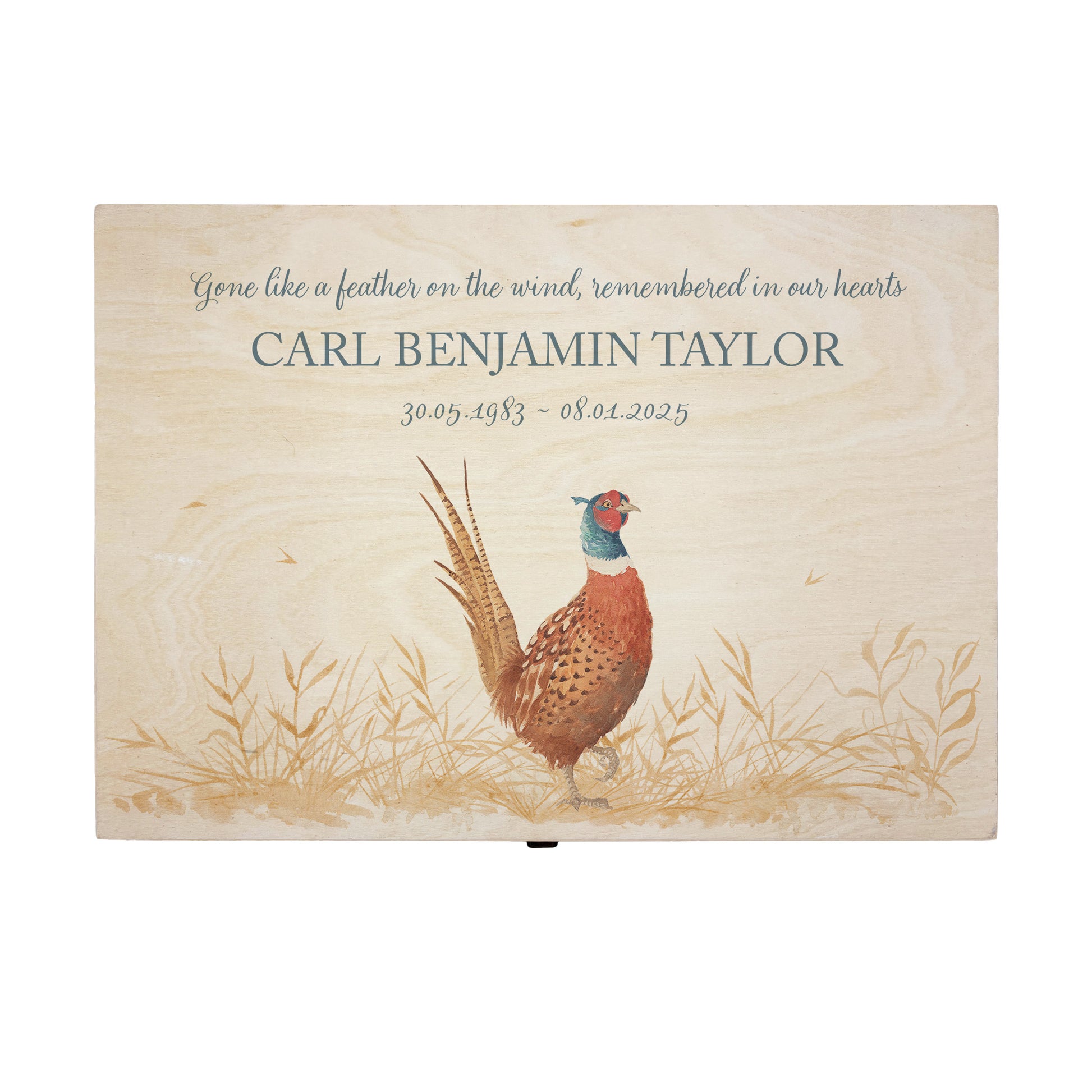 Wooden box with a lid featuring an illustration of a pheasant on a wooden background Perfect funeral memory keepsake box, for storing ashes, order of service, flowers, pictures. 