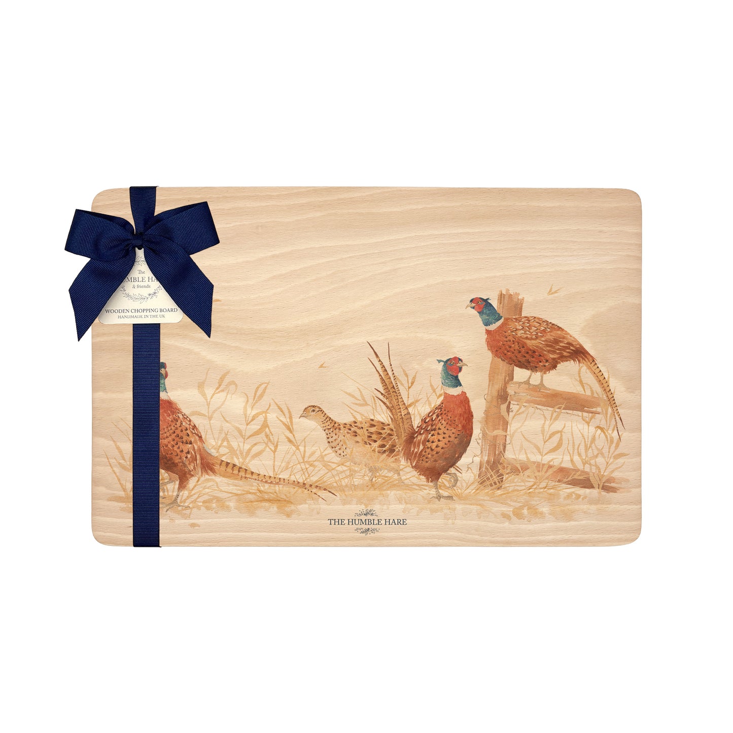 Three male pheasants and Lady pheasant taking shelter in the farmers field. perfect multipurpose chopping board 