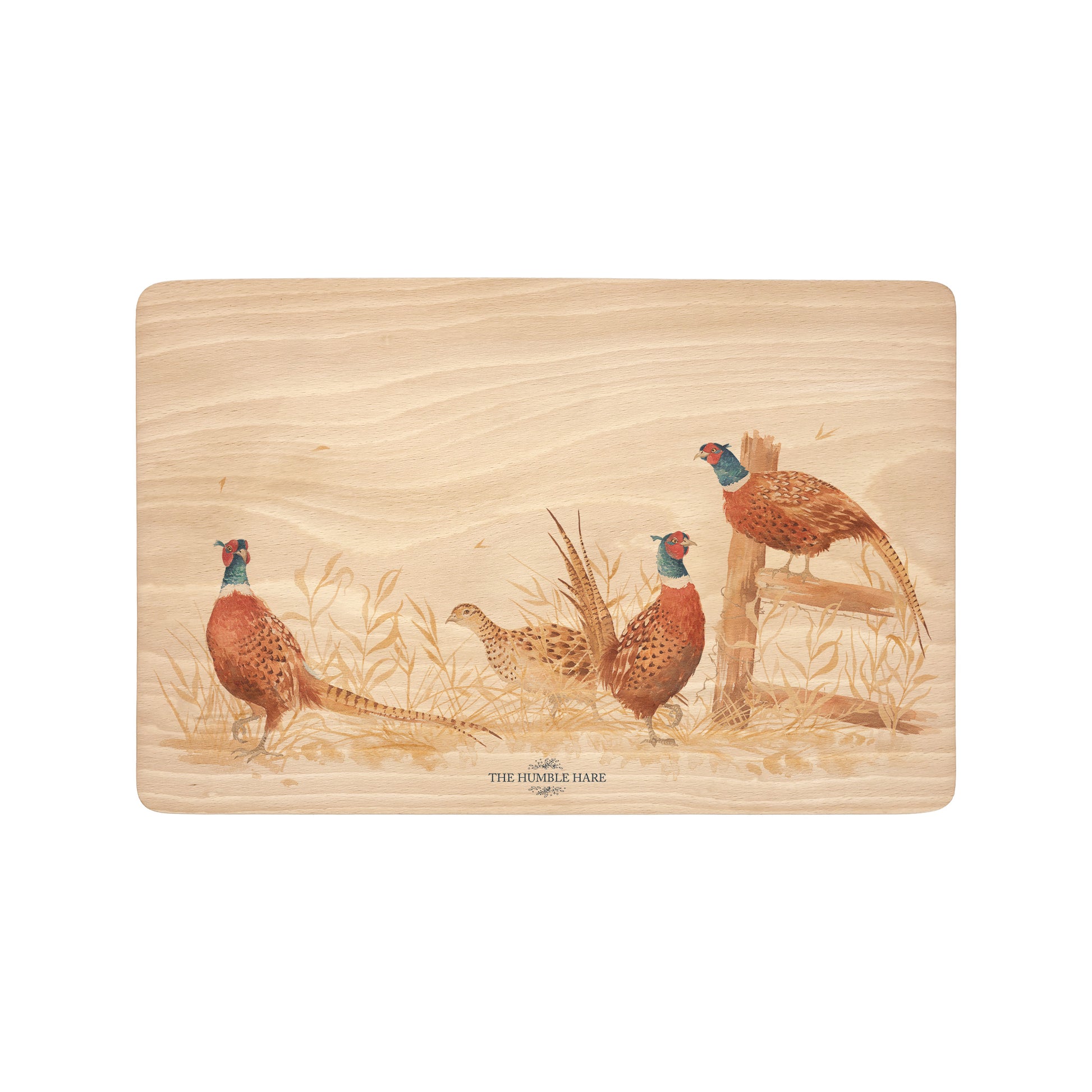 Three male pheasants and Lady pheasant taking shelter in the farmers field. perfect multipurpose chopping board 