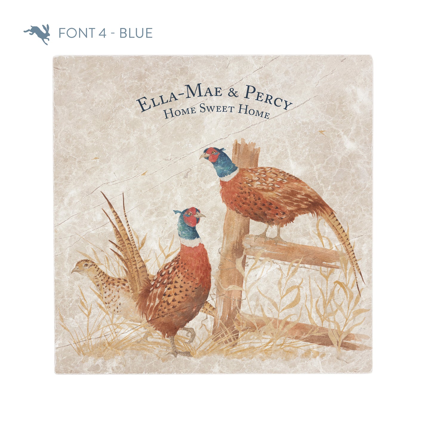 A large square personalised marble placemat with a pheasant design. The placemat is personalised with names at the top and 'Home Sweet Home' underneath in a dark blue classic serif font.