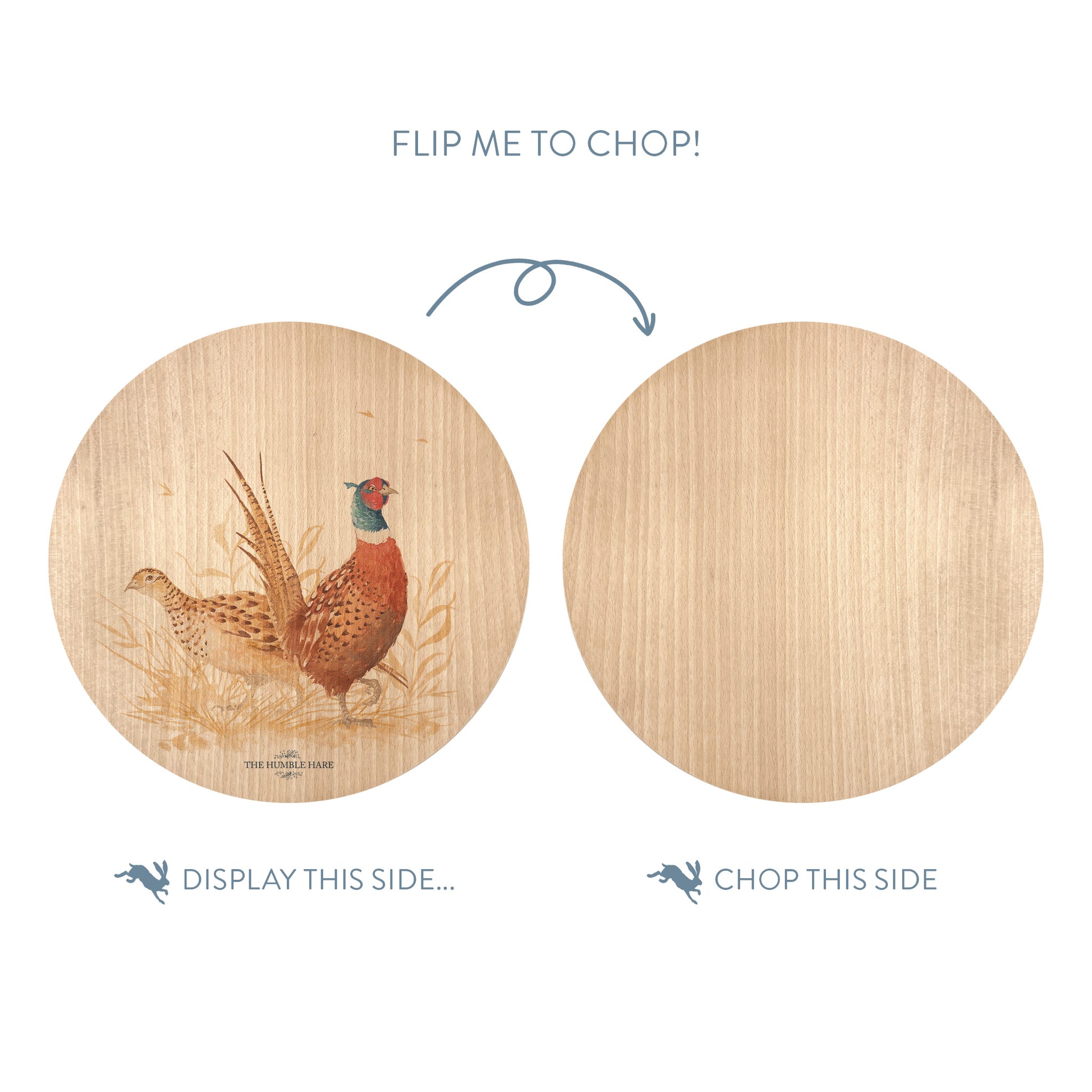 Wooden cutting board with a pheasant illustration on one side and plain wood on the other, with text indicating which side to display and which to chop.