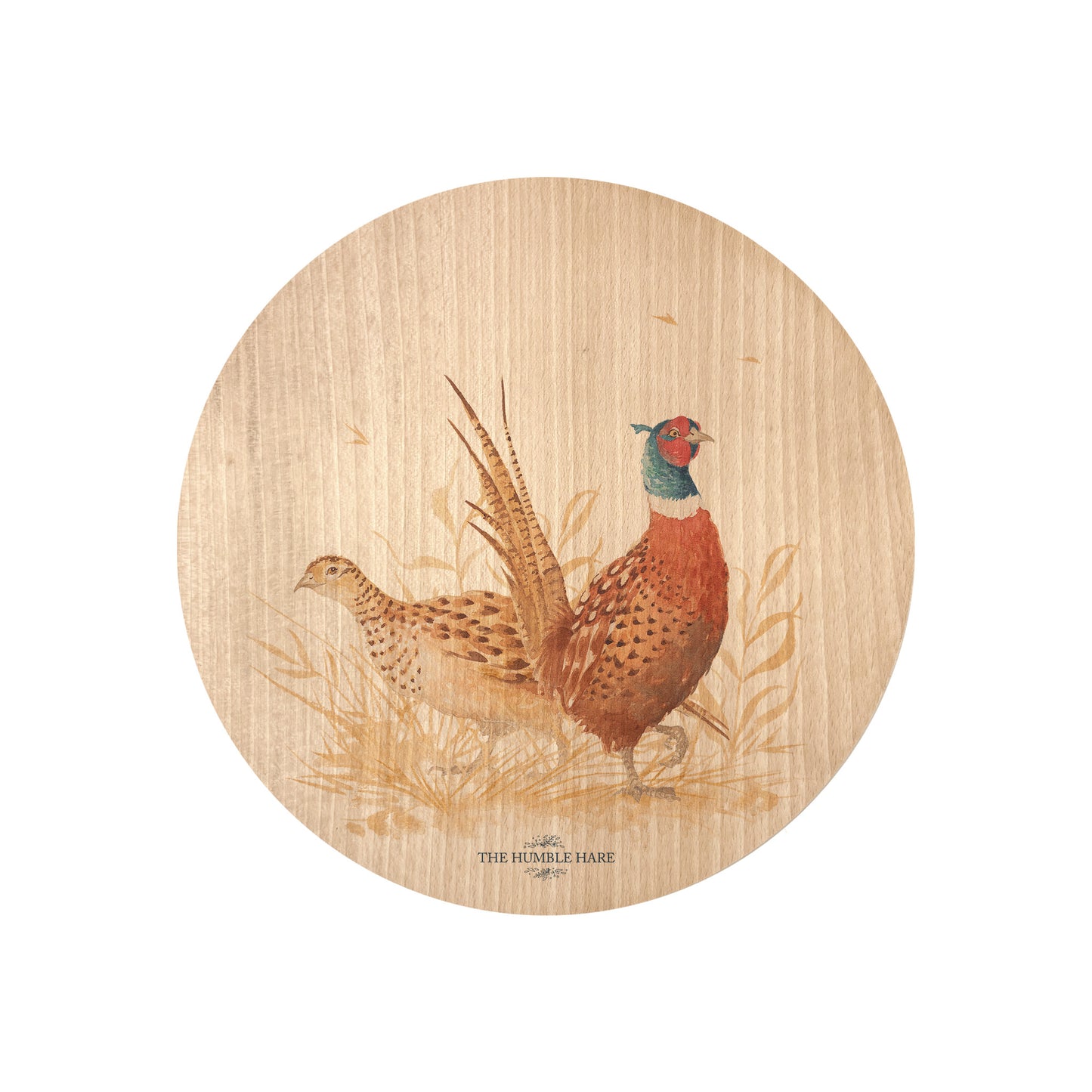 Round beech wood chopping board featuring a watercolour design of pheasants in the countryside.