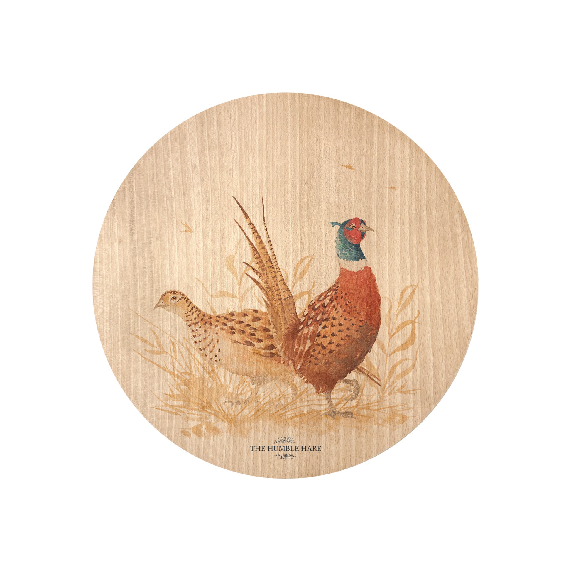 Round beech wood chopping board featuring a watercolour design of pheasants in the countryside.