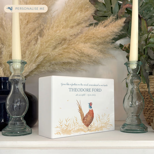Luxury solid wooden white painted Pheasant watercolour illustration our urns and Caskets for displaying or burying ashes. Customisable and can be personalised. Perfect funeral memory keepsake urn, for storing ashes for humans and pets.