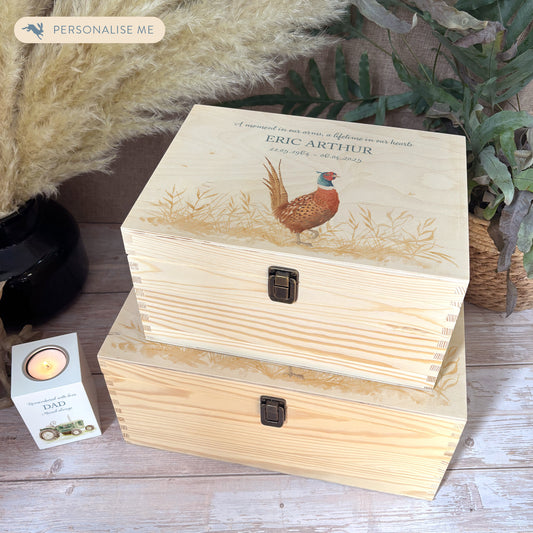 Wooden box with a lid featuring an illustration of a pheasant on a wooden background Perfect funeral memory keepsake box, for storing ashes, order of service, flowers, pictures. 